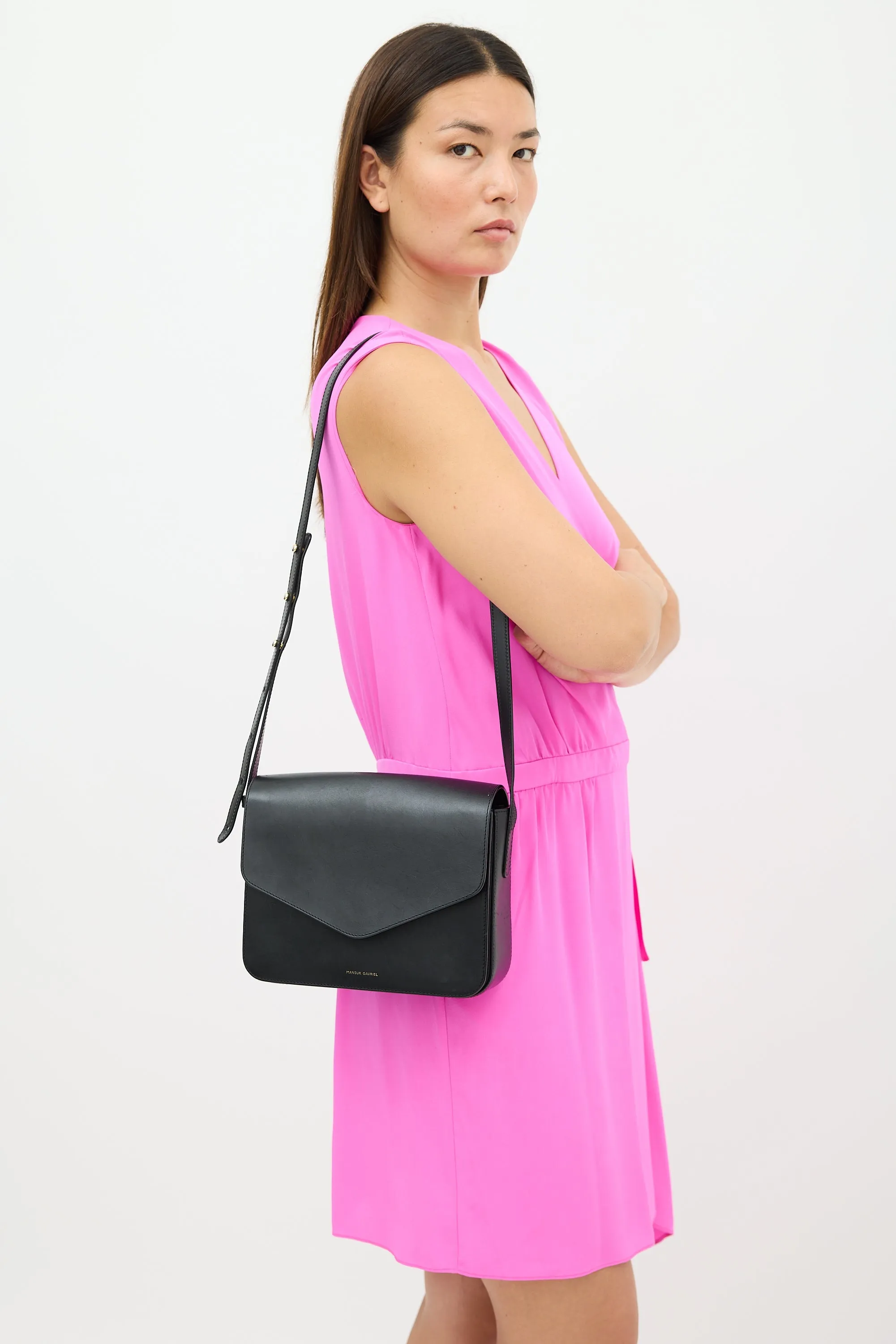 Black Leather Envelope Flap Crossbody Bag