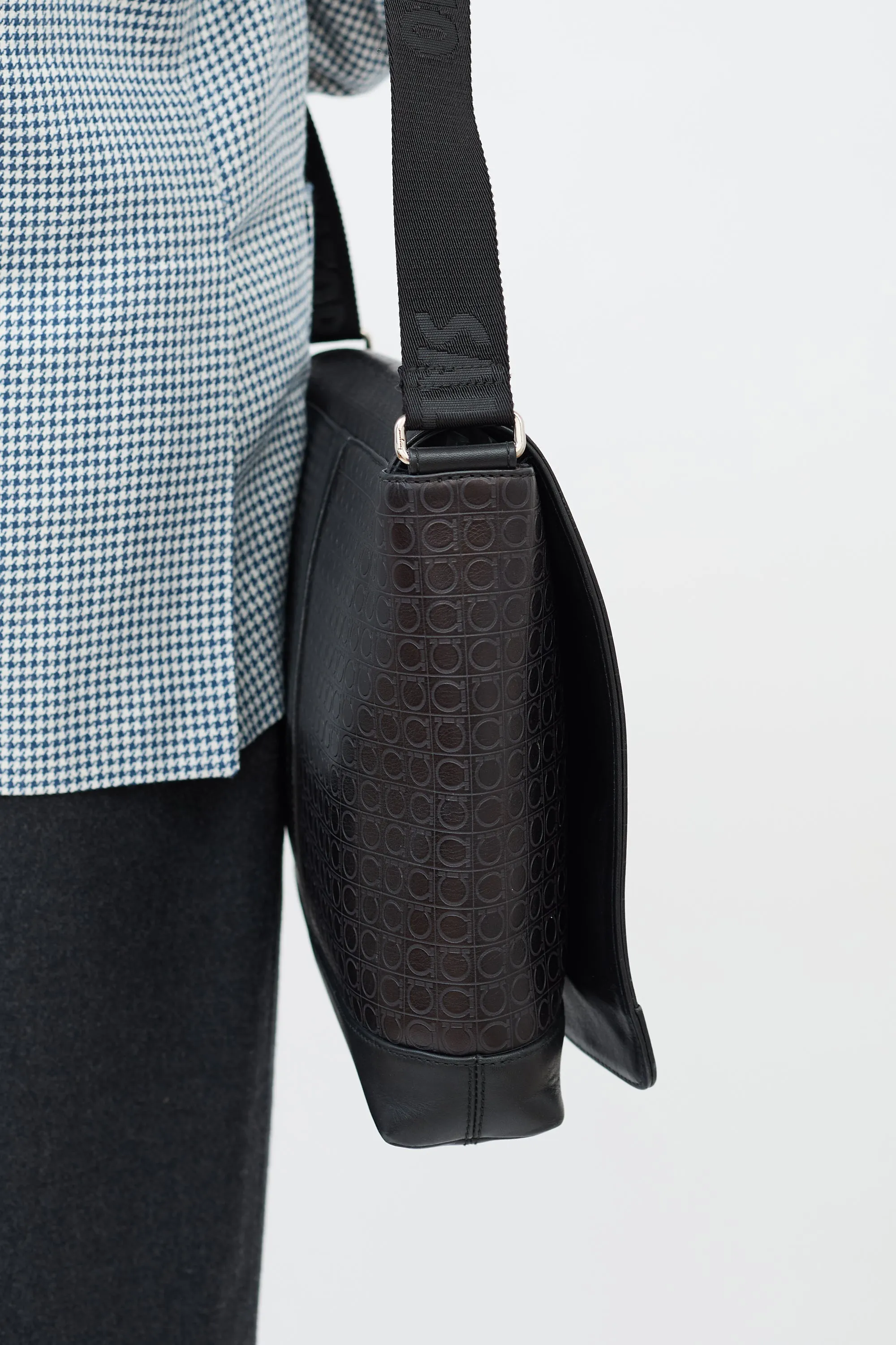 Black Leather Gancini Messenger Bag