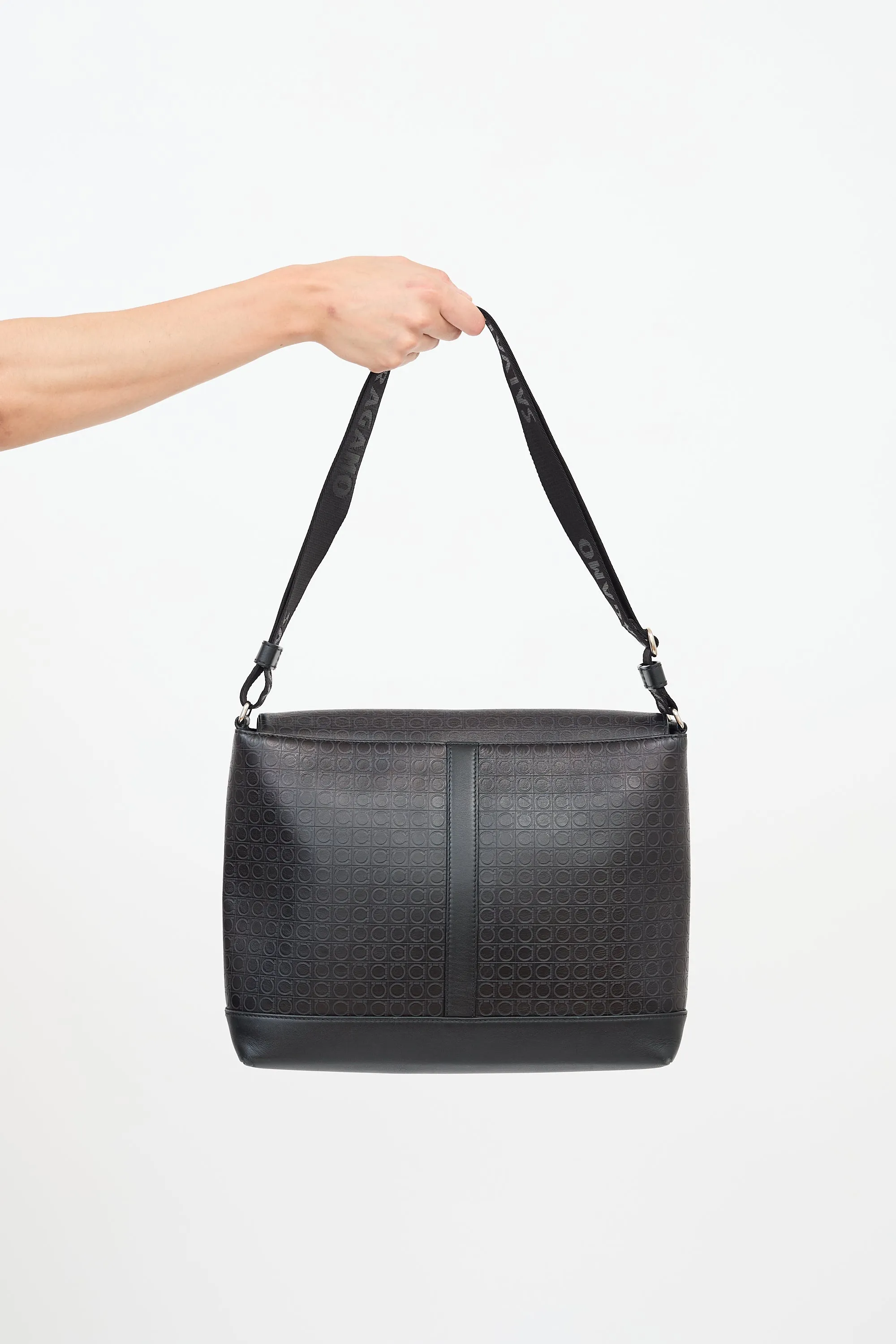 Black Leather Gancini Messenger Bag