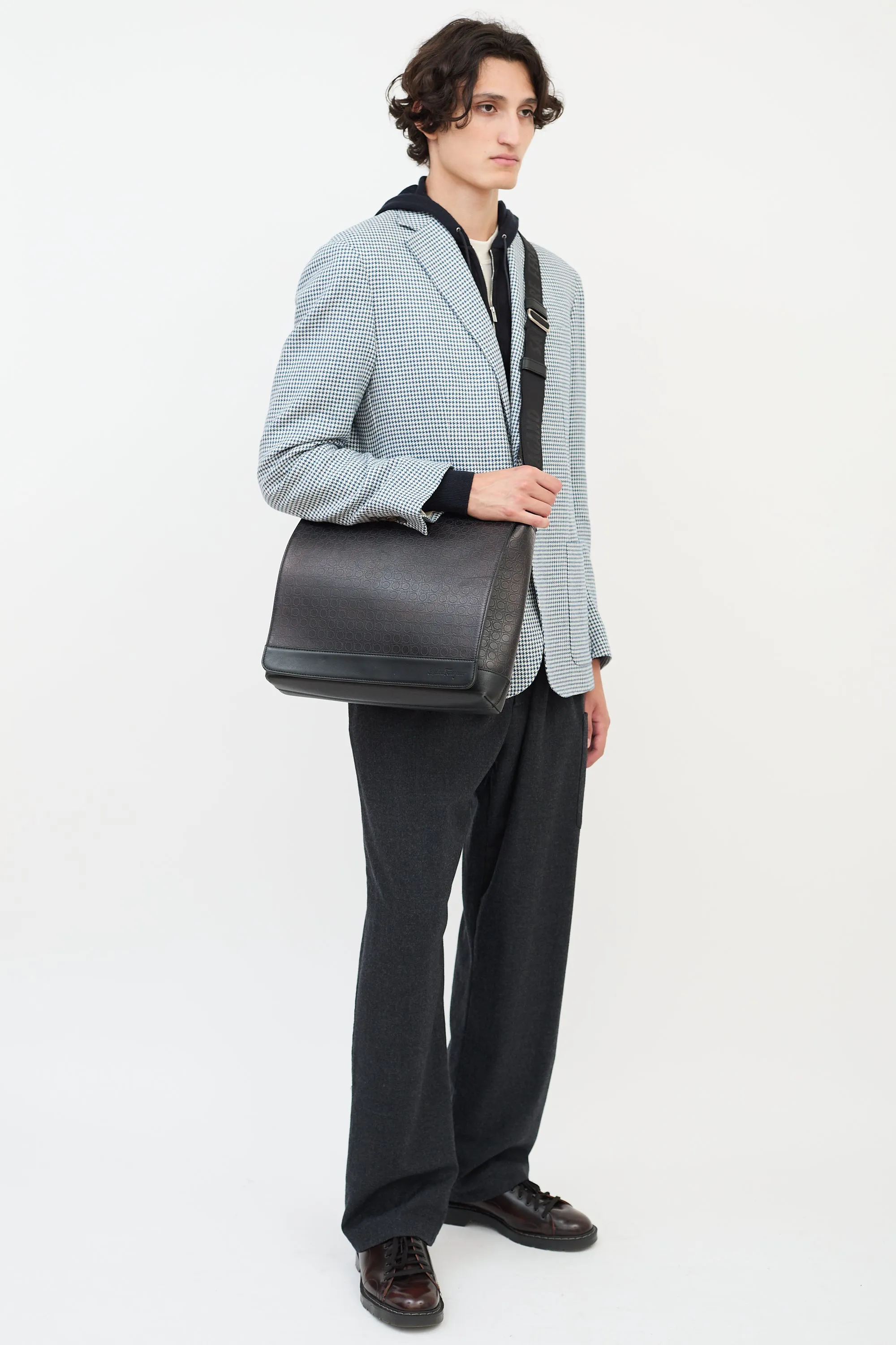 Black Leather Gancini Messenger Bag