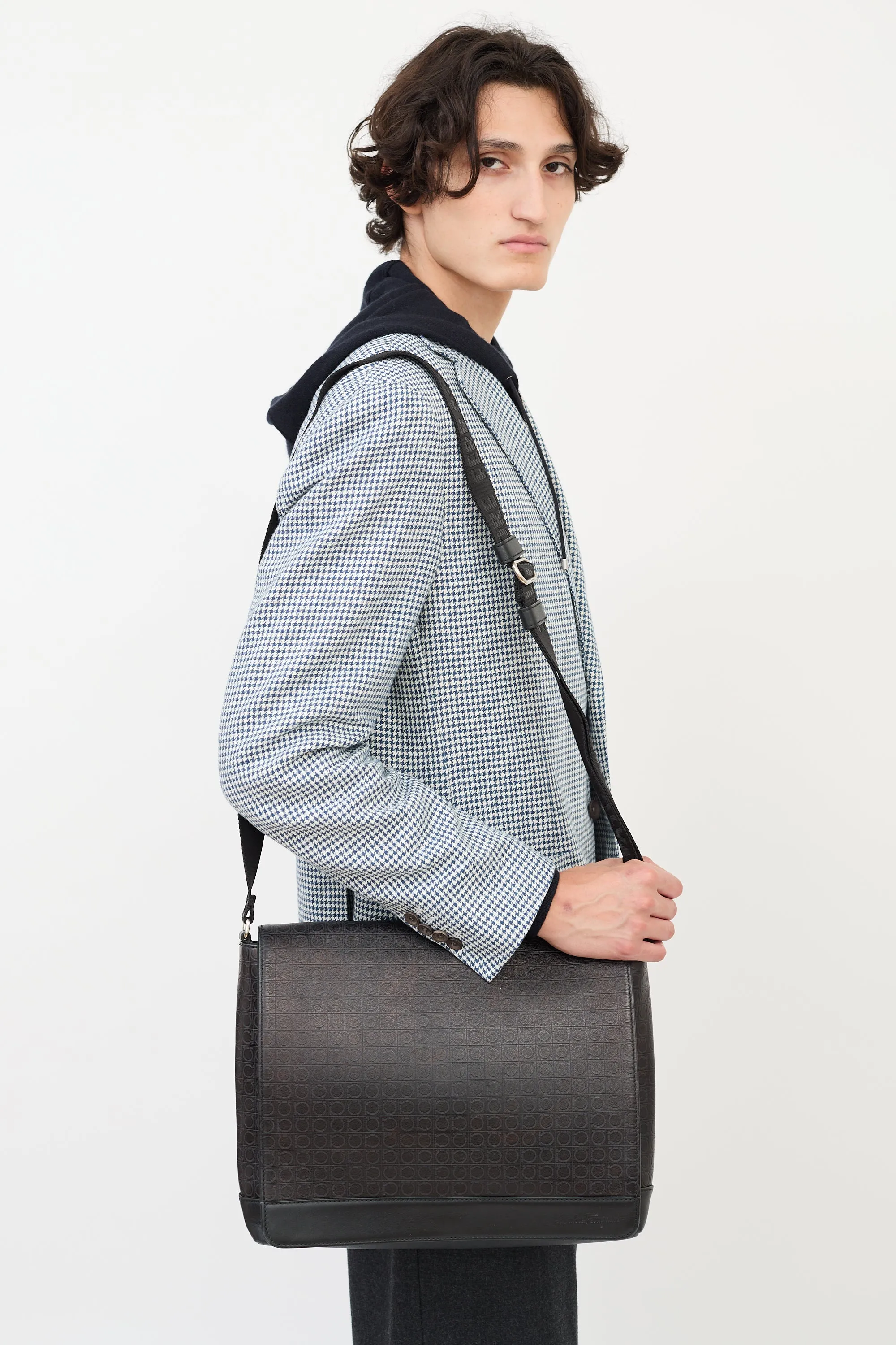 Black Leather Gancini Messenger Bag