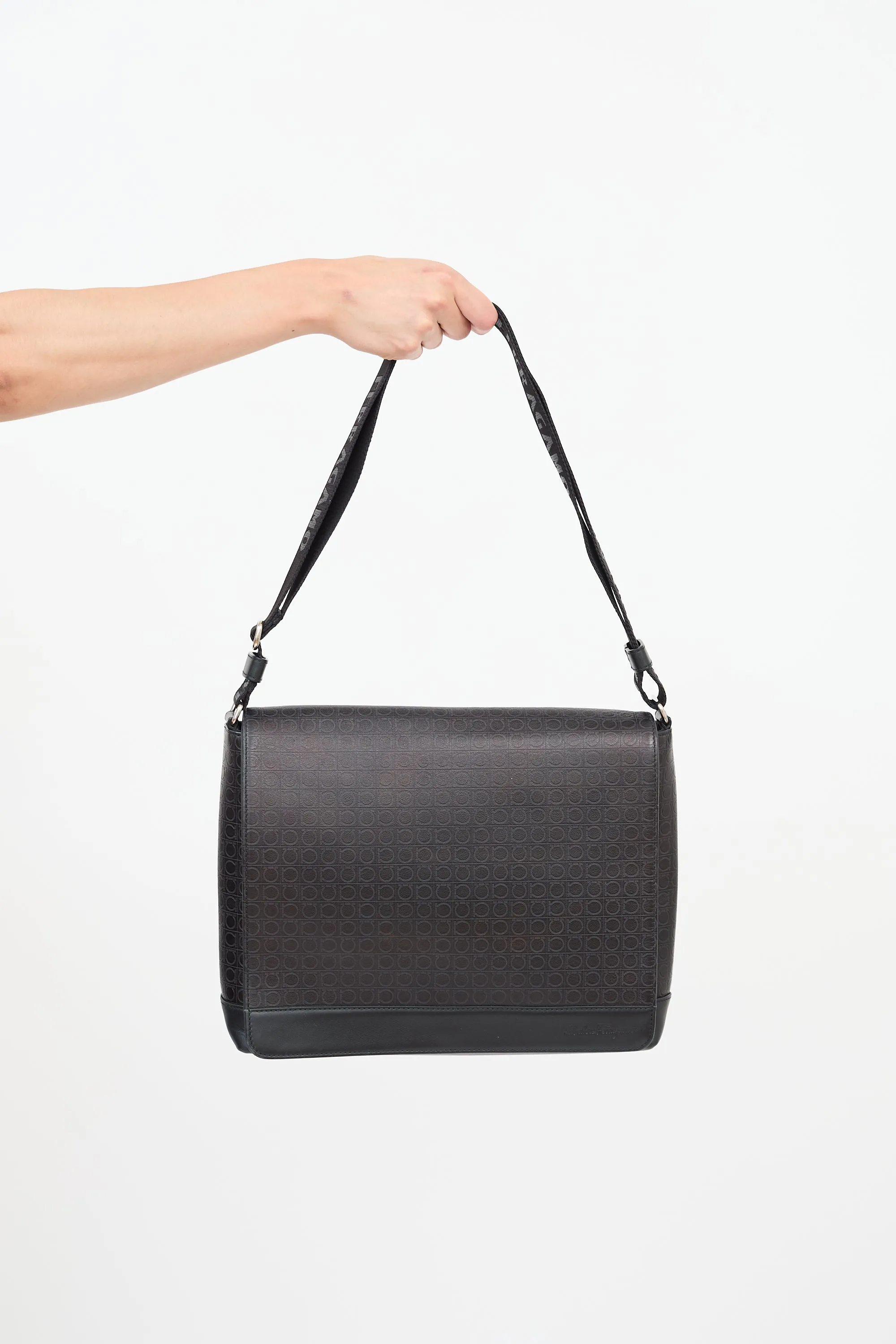 Black Leather Gancini Messenger Bag