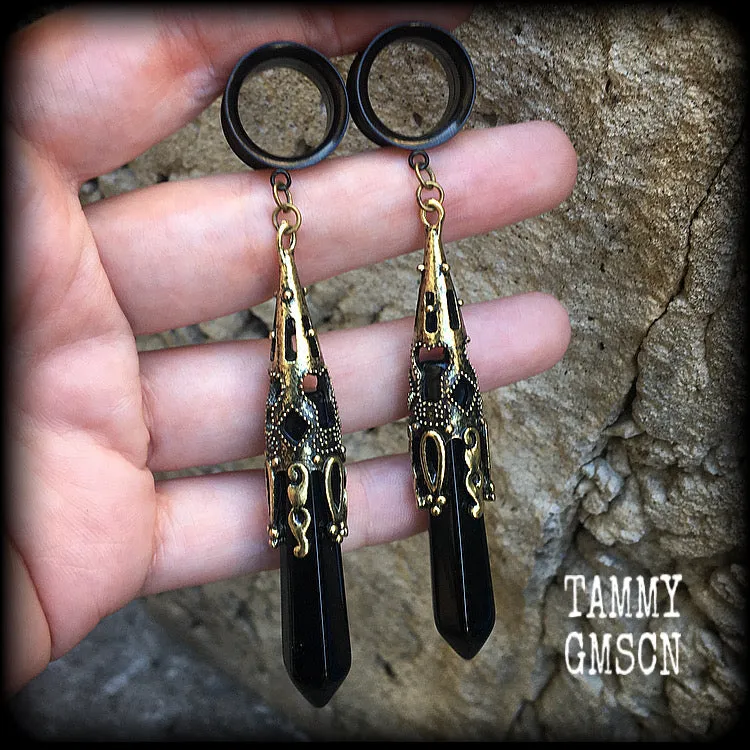 Black obsidian tunnel dangles-Gemstone ear gauges