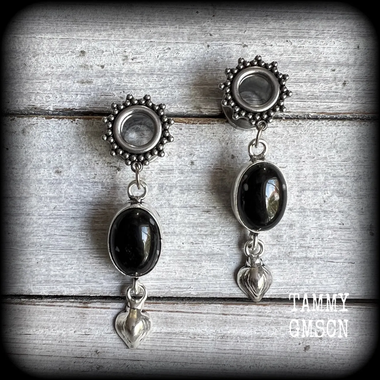 Black onyx tunnel dangles-Ornate tunnels