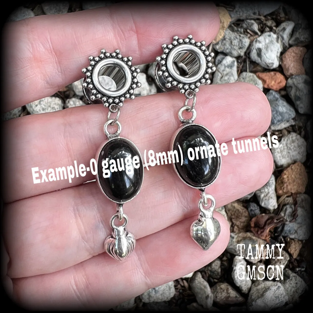 Black onyx tunnel dangles-Ornate tunnels