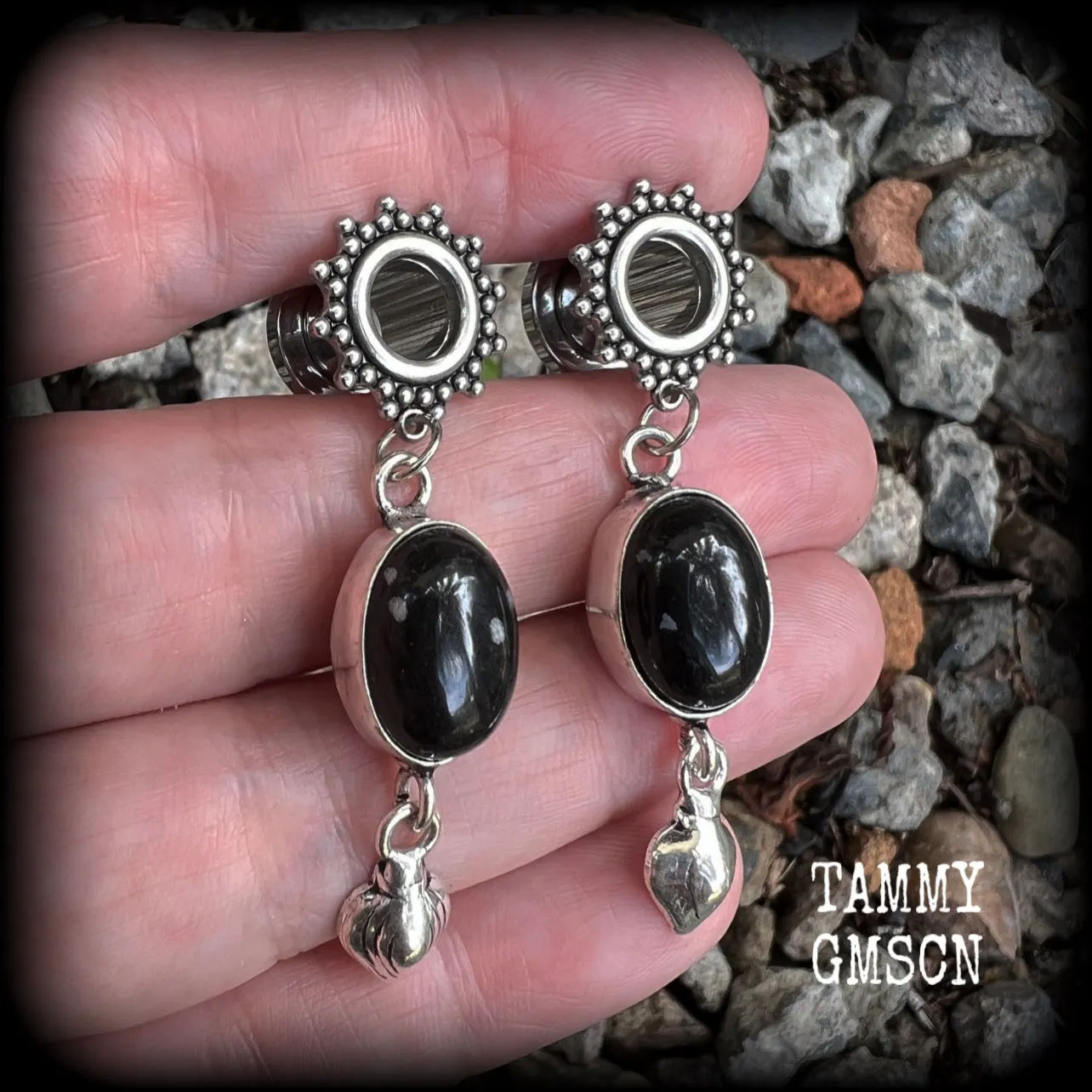 Black onyx tunnel dangles-Ornate tunnels
