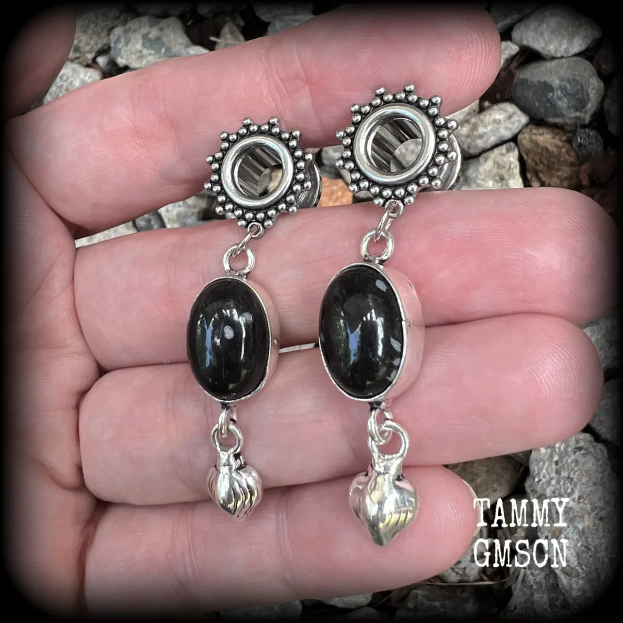 Black onyx tunnel dangles-Ornate tunnels
