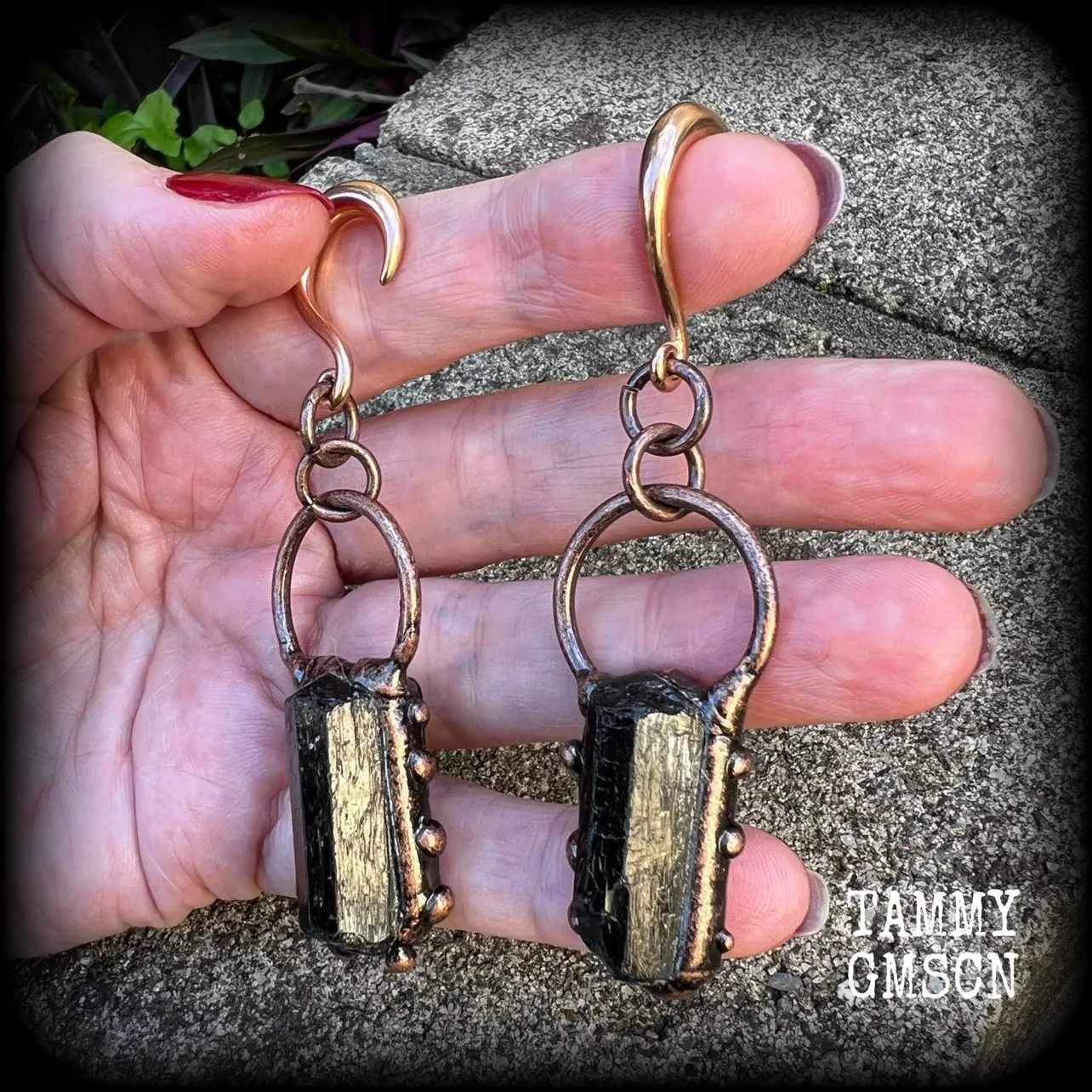 Black tourmaline gauged earrings-Gemstone ear wieghts