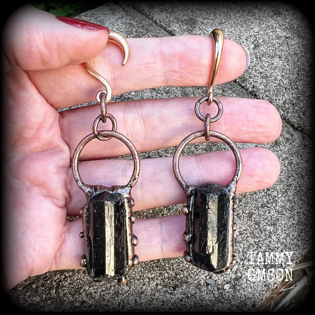 Black tourmaline gauged earrings-Gemstone ear wieghts