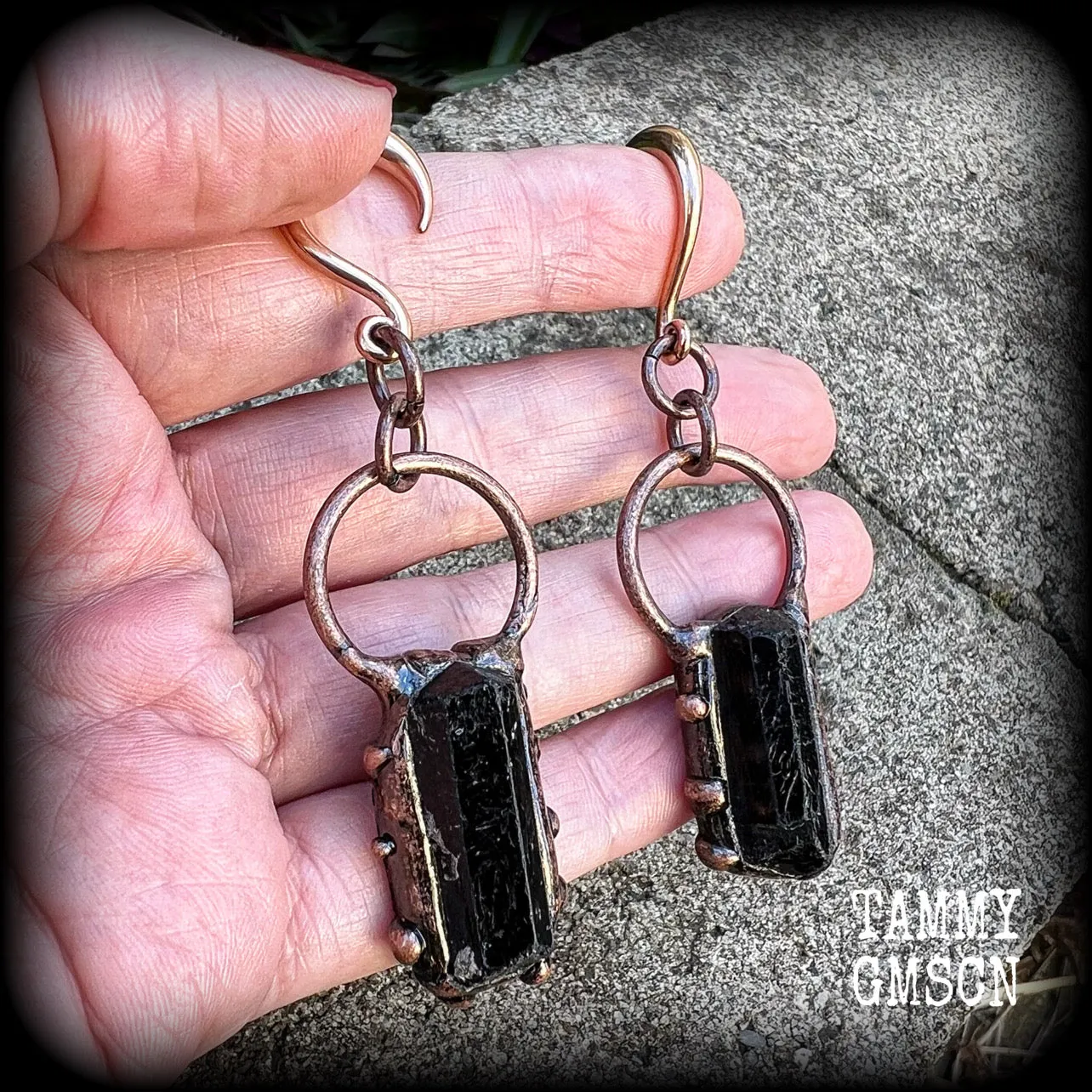 Black tourmaline gauged earrings-Gemstone ear wieghts