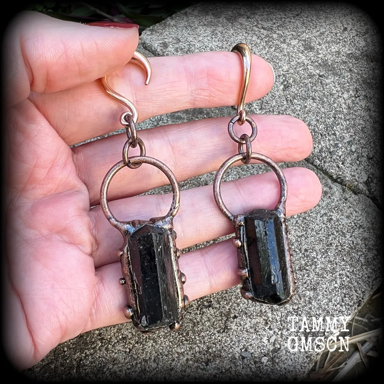 Black tourmaline gauged earrings-Gemstone ear wieghts