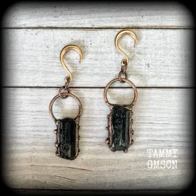 Black tourmaline gauged earrings-Gemstone ear wieghts