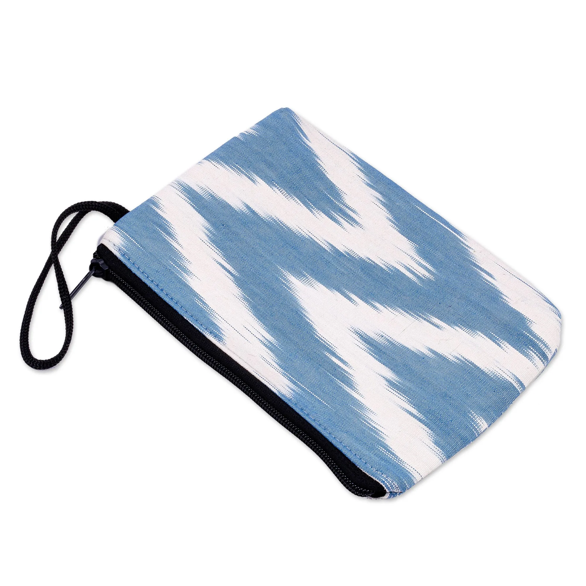 Blue and White Ikat Patterned Cotton Zippered Cosmetic Bag - Ikat Serenity | NOVICA