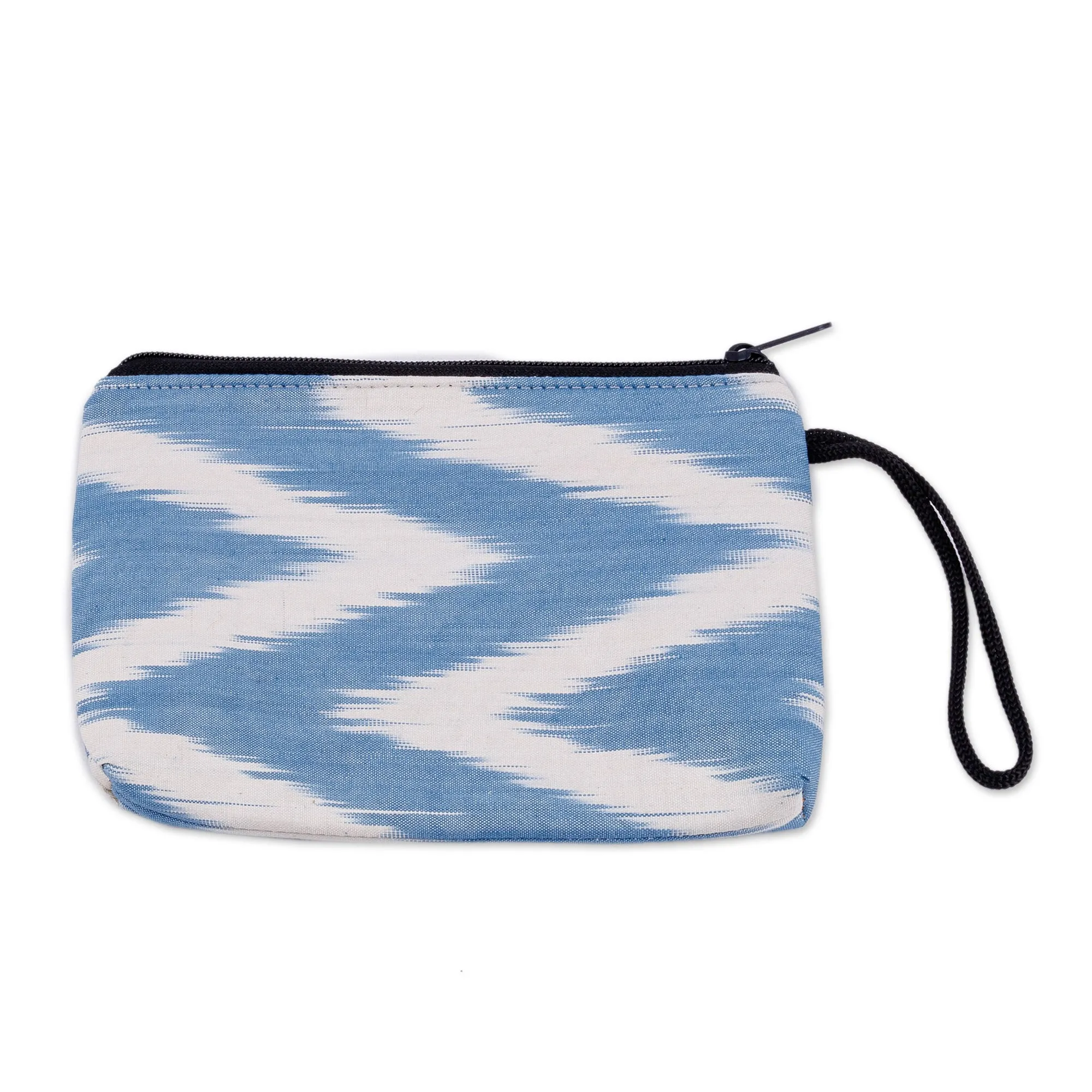Blue and White Ikat Patterned Cotton Zippered Cosmetic Bag - Ikat Serenity | NOVICA