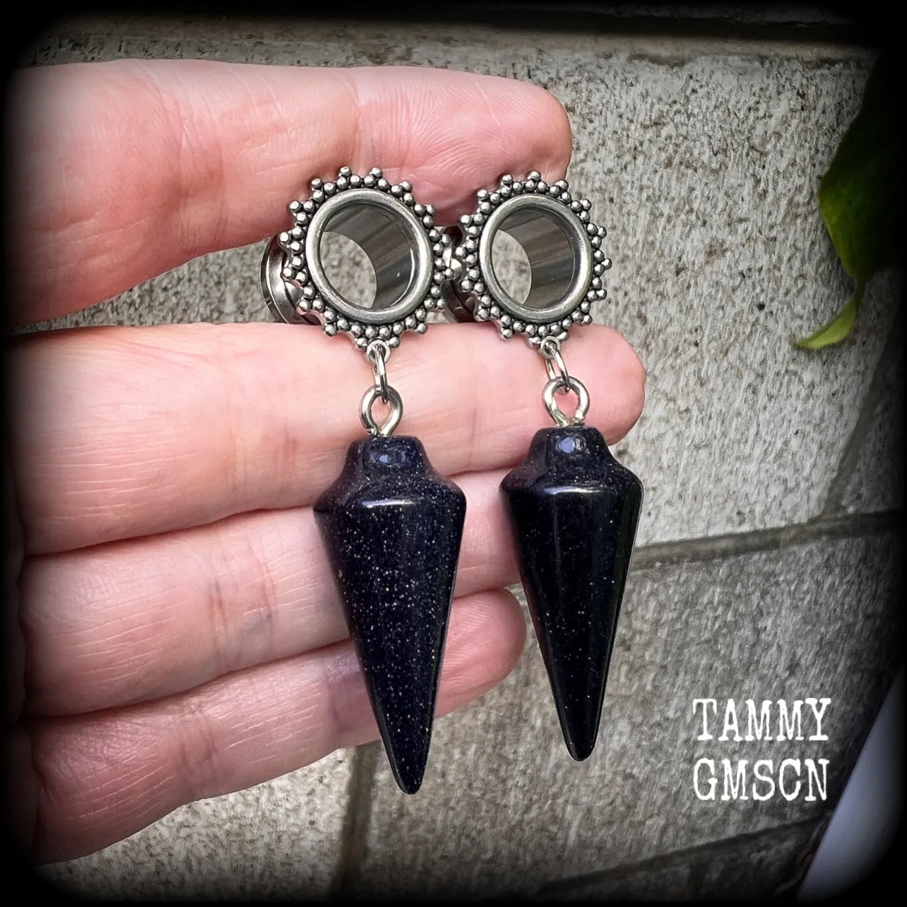 Blue sandstone tunnel dangles-Gemstone tunnel earrings