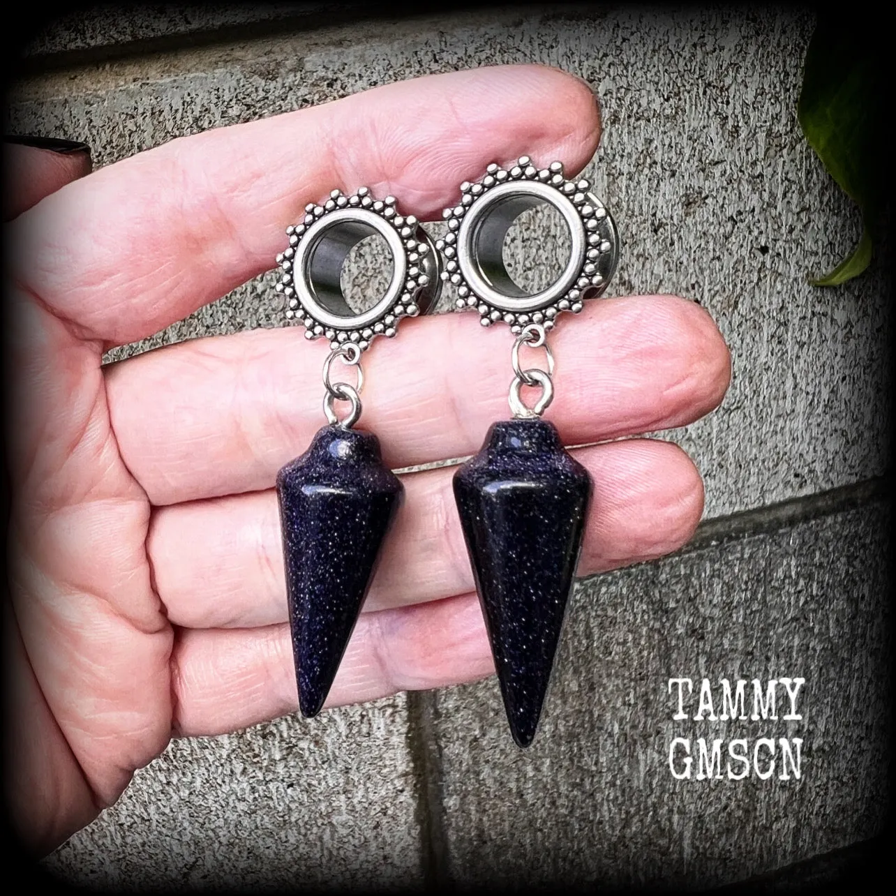 Blue sandstone tunnel dangles-Gemstone tunnel earrings