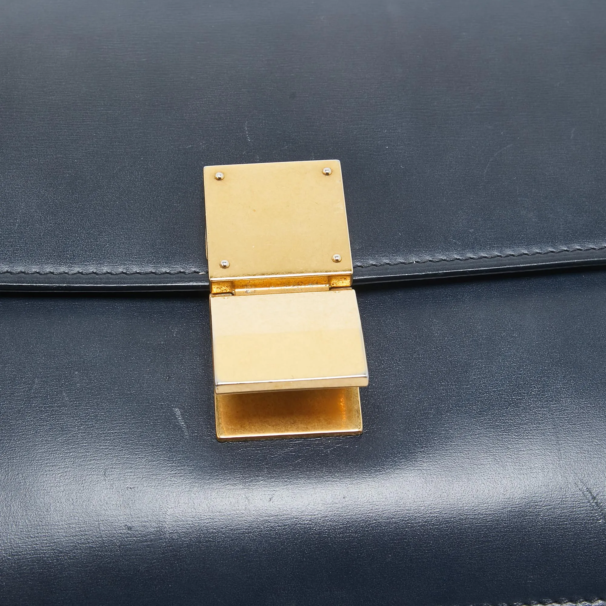 CELINE Navy Blue Leather Medium Classic Box Shoulder Bag