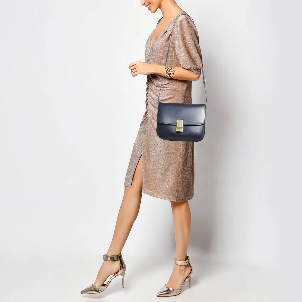 CELINE Navy Blue Leather Medium Classic Box Shoulder Bag