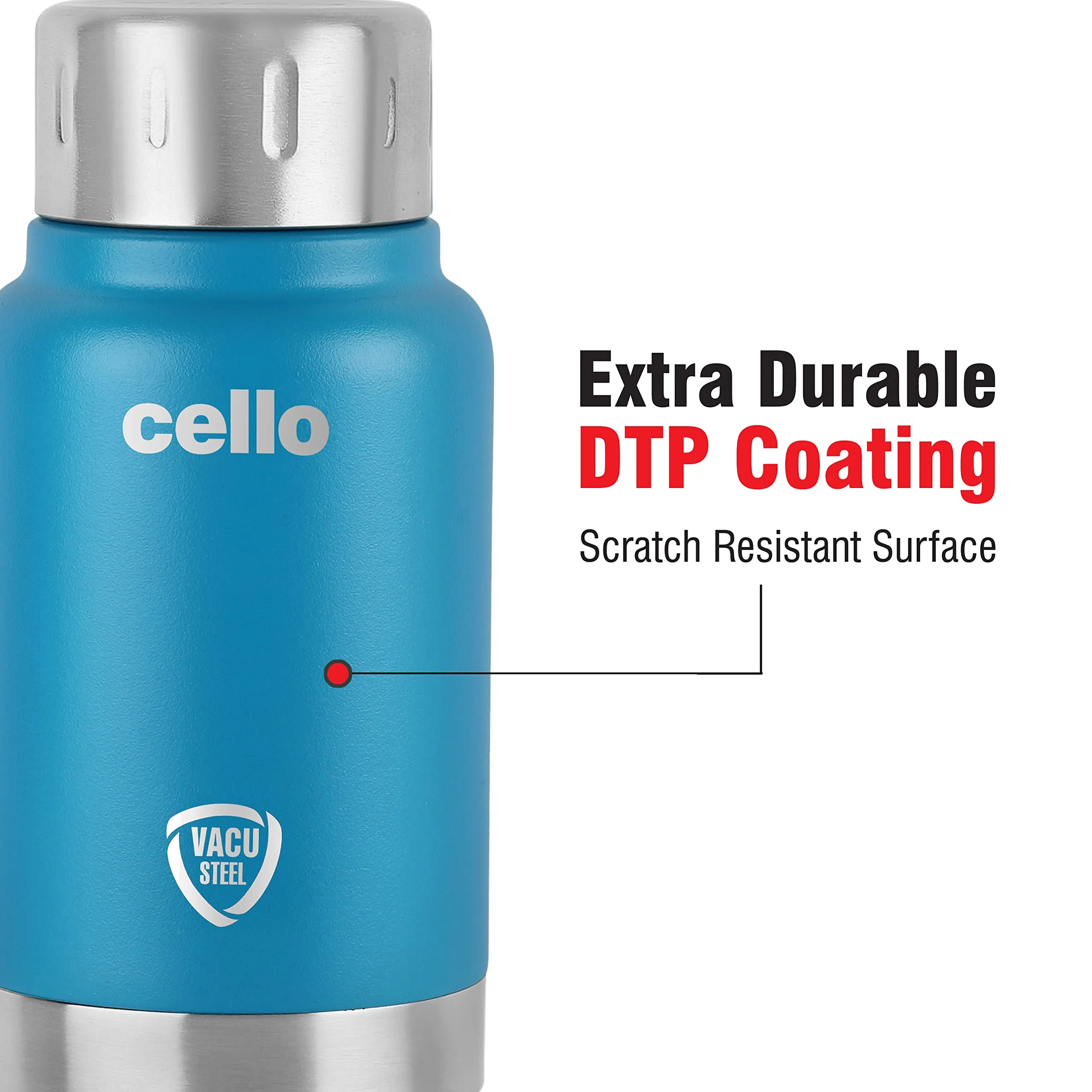 Cello Duro Top Double Wall Stainless Steel Water Bottle | Hot and Cold Stainless Steel Bottle | Scratch Resistant DTP Coating Flask |Vacuum Insulated Bottle for Travel, Home, Office | 350 ml, Blue
