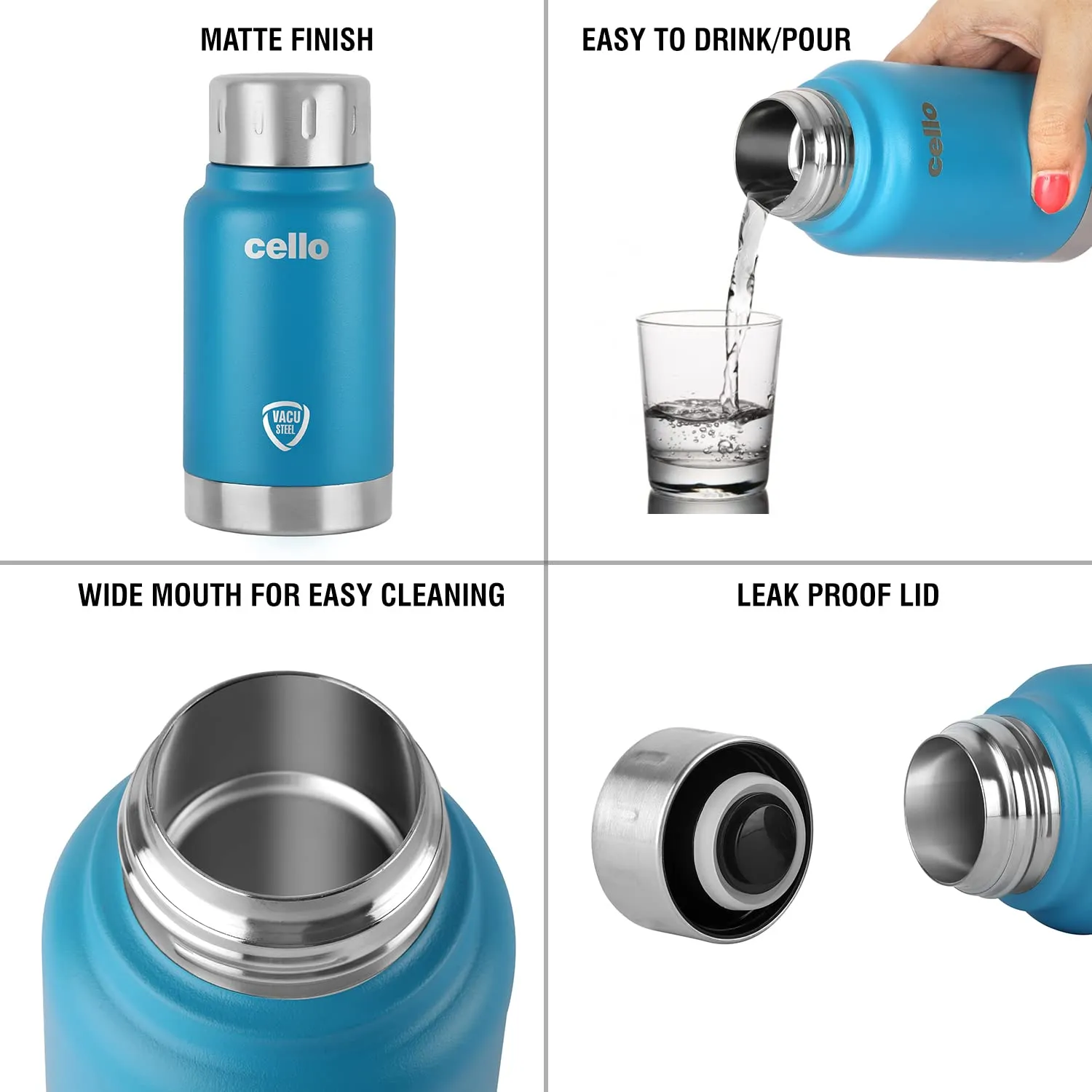 Cello Duro Top Double Wall Stainless Steel Water Bottle | Hot and Cold Stainless Steel Bottle | Scratch Resistant DTP Coating Flask |Vacuum Insulated Bottle for Travel, Home, Office | 350 ml, Blue