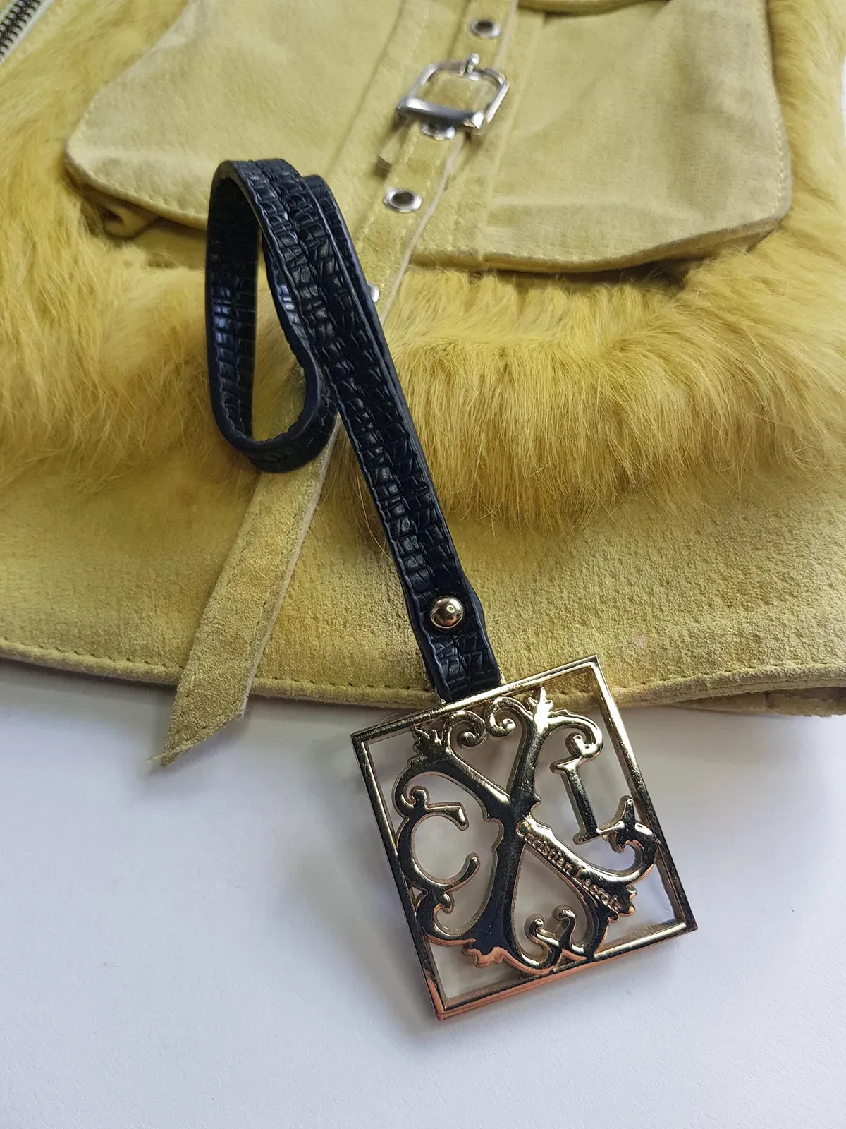 Christian LaCroix Designer Ornate Black Leather & Gold Hardware Bag charm with Signature CL Emblem & Stamp