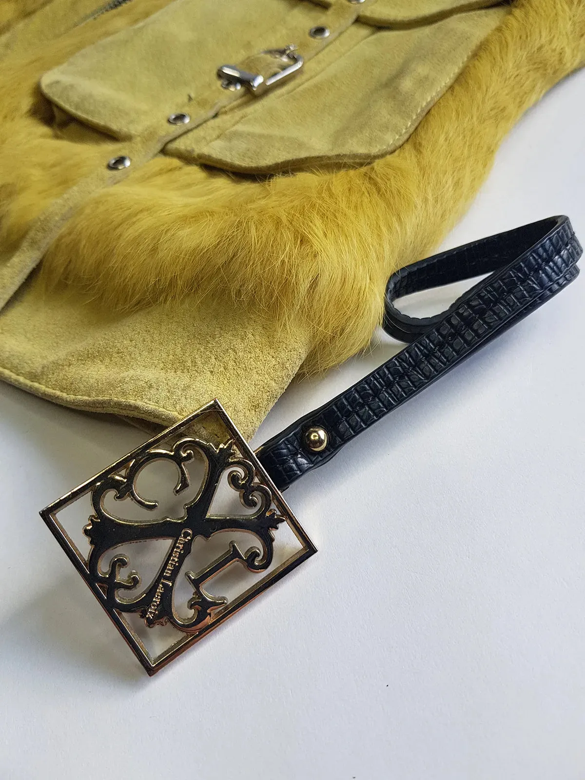 Christian LaCroix Designer Ornate Black Leather & Gold Hardware Bag charm with Signature CL Emblem & Stamp