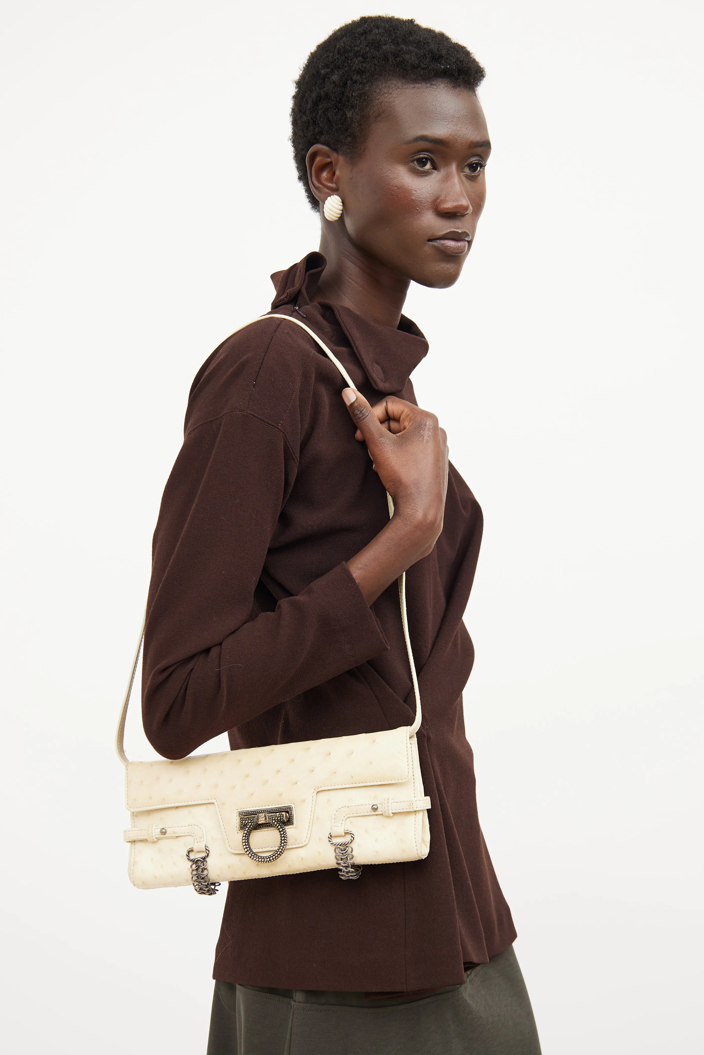 Cream Flap Leather Shoulder Bag