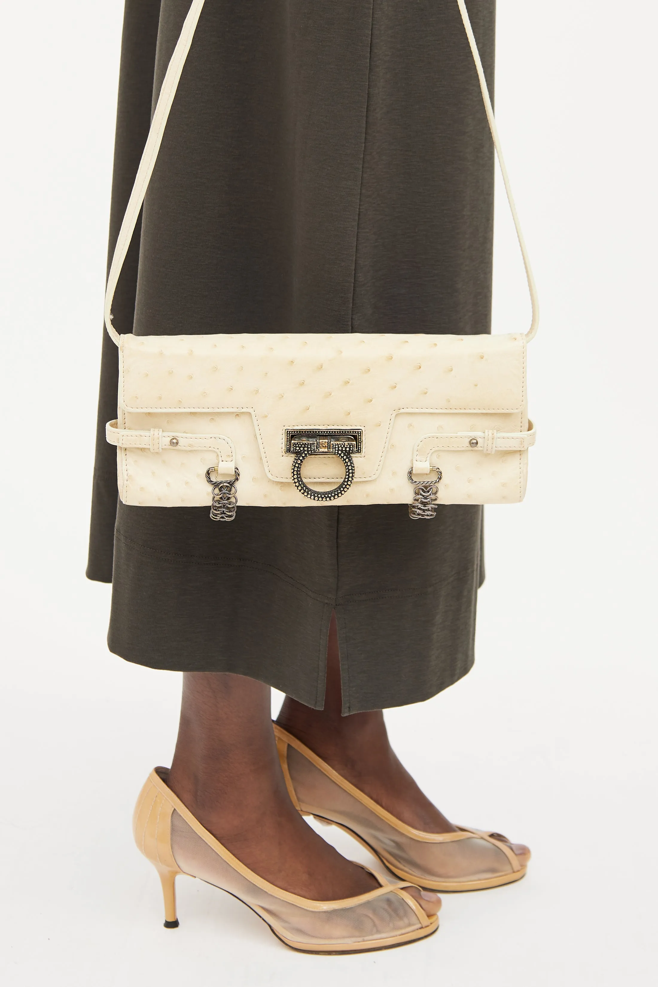 Cream Flap Leather Shoulder Bag