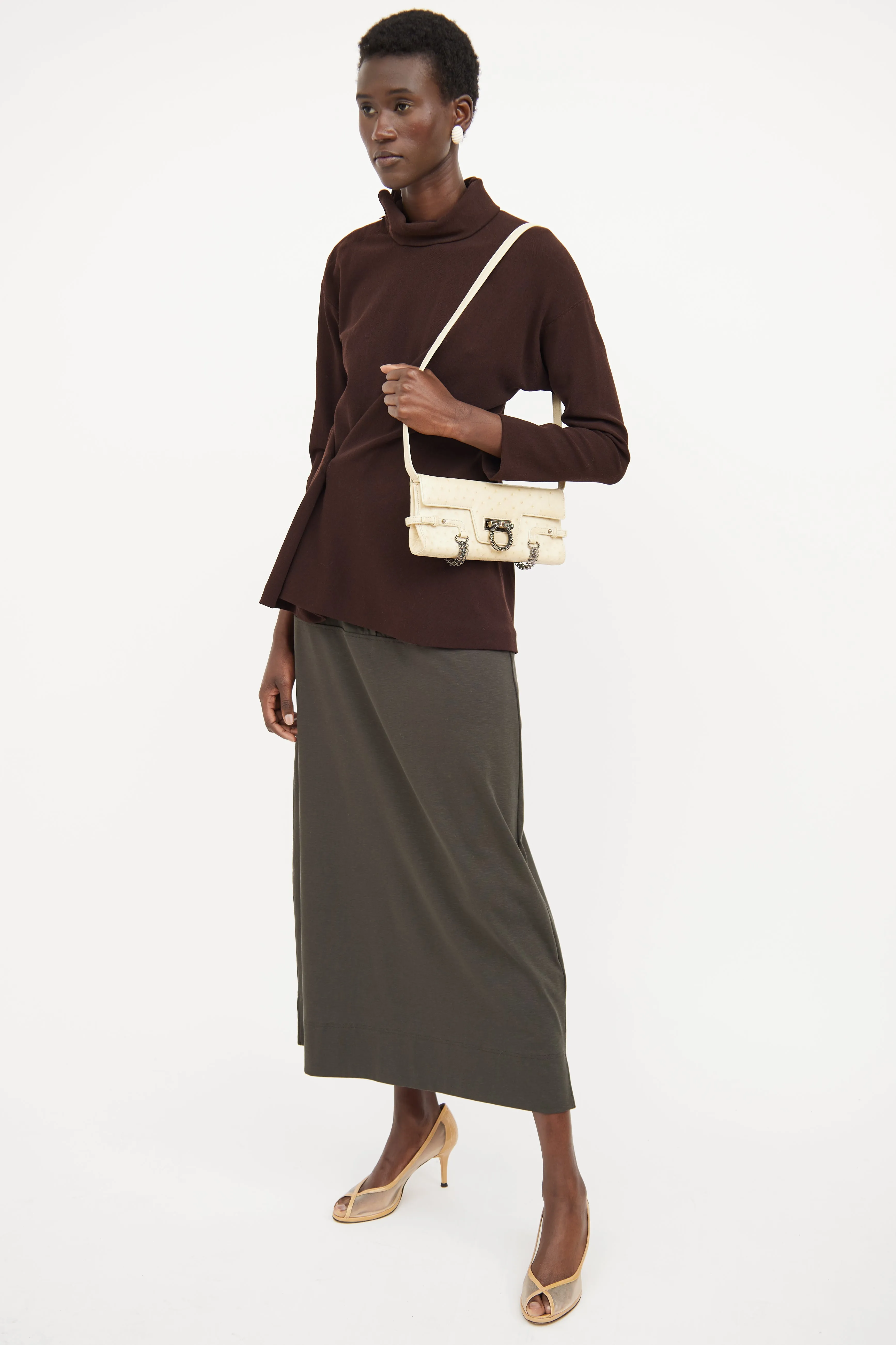 Cream Flap Leather Shoulder Bag