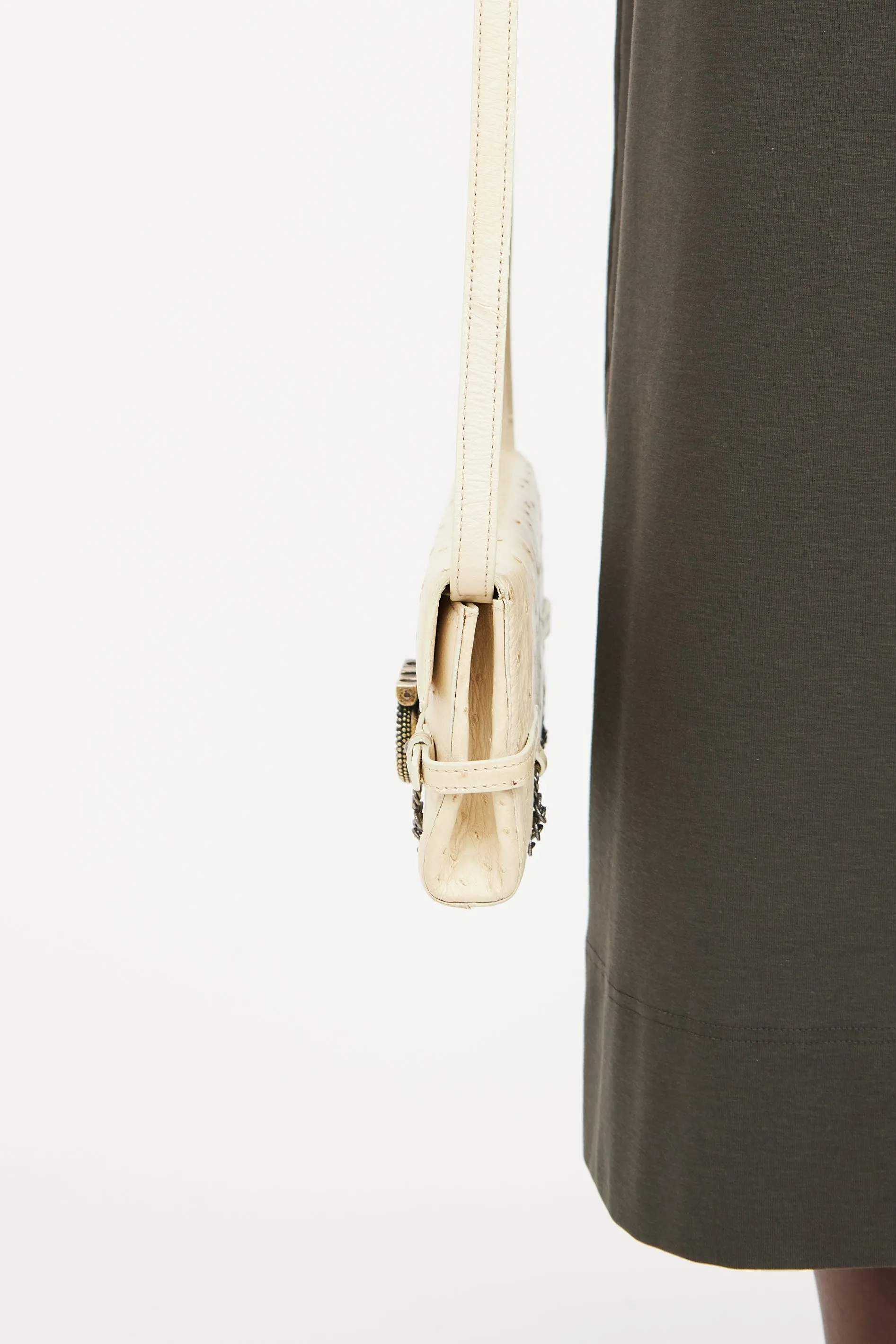 Cream Flap Leather Shoulder Bag
