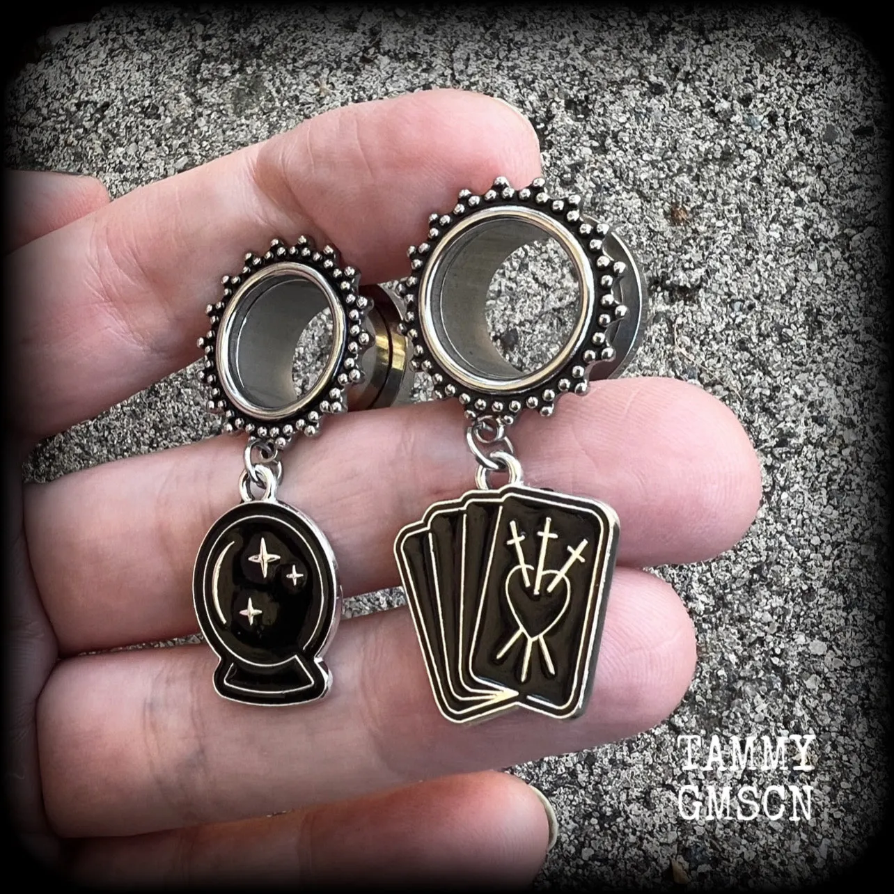 Crystal ball and tarot card earrings-Halloween tunnels