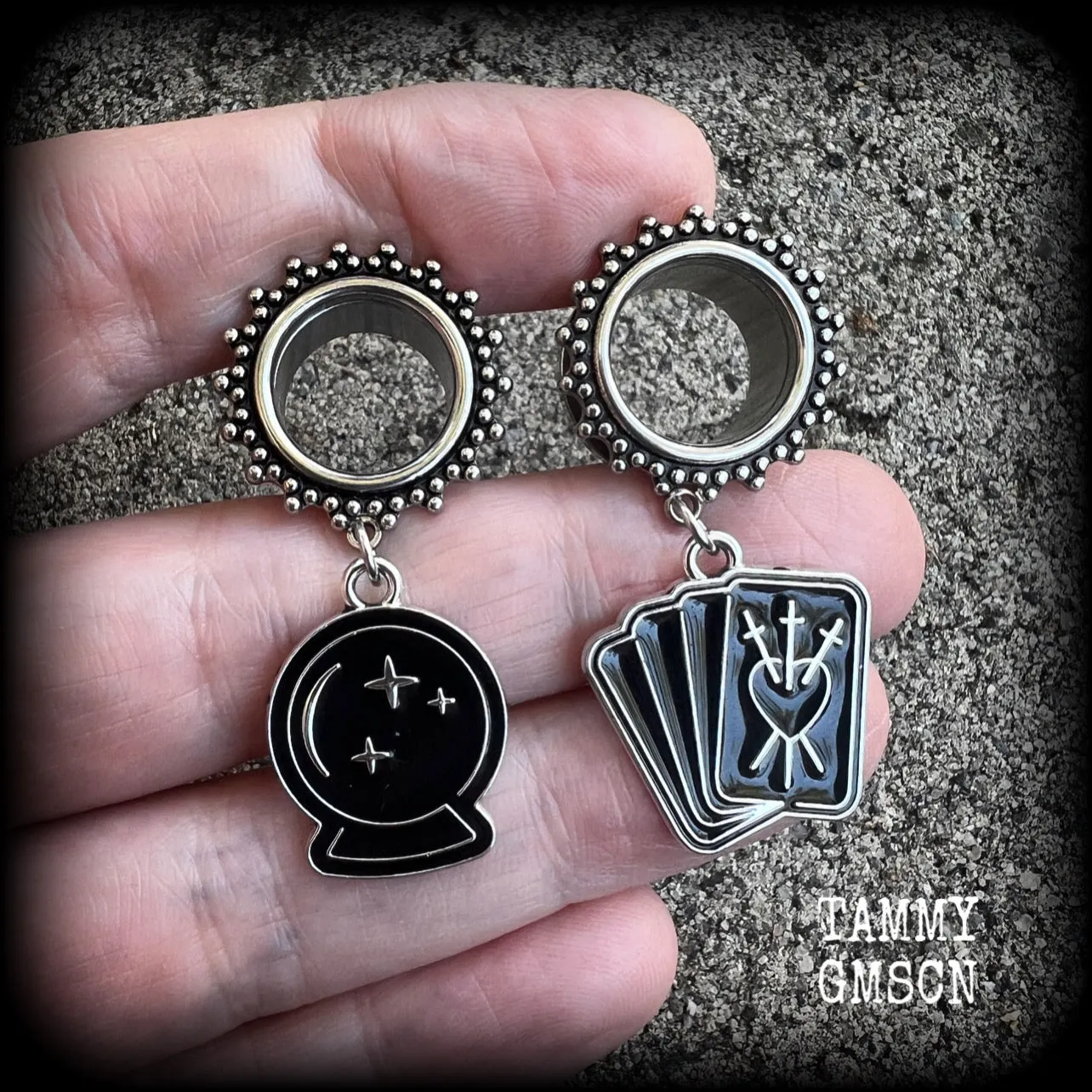 Crystal ball and tarot card earrings-Halloween tunnels