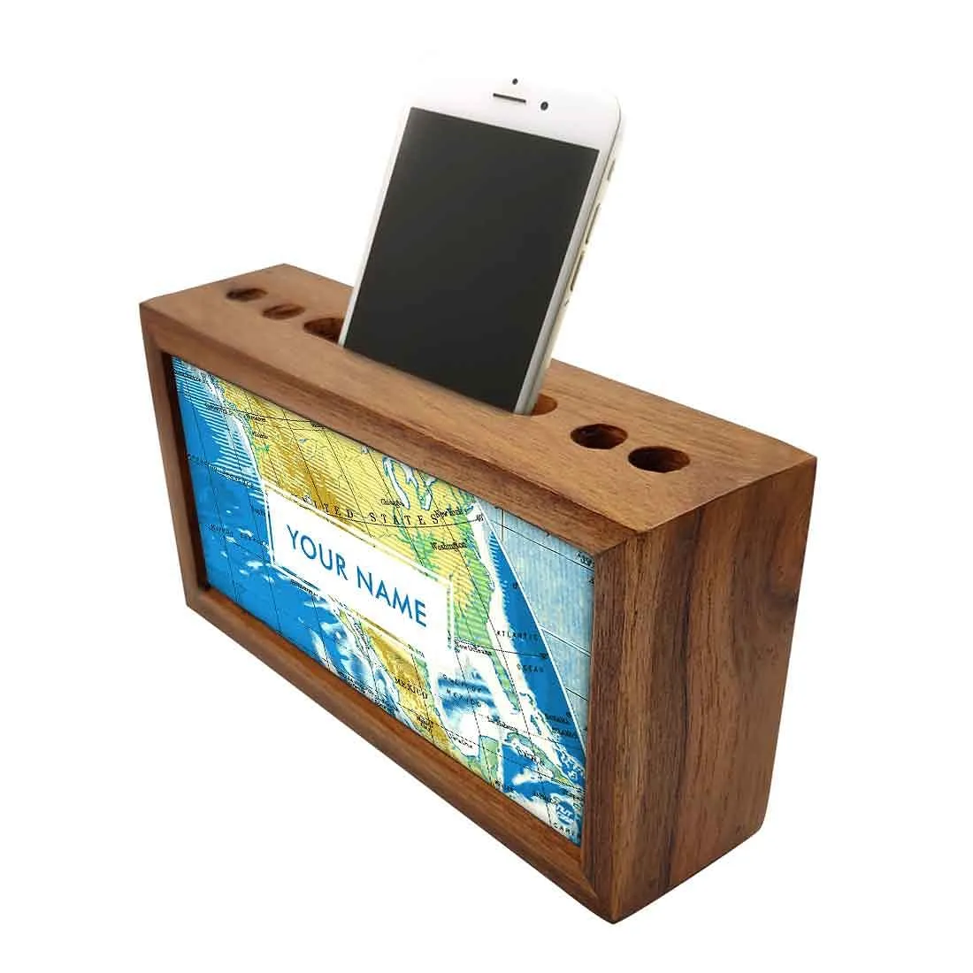 Custom-Made Small Wooden desk organizer - Atlas Map