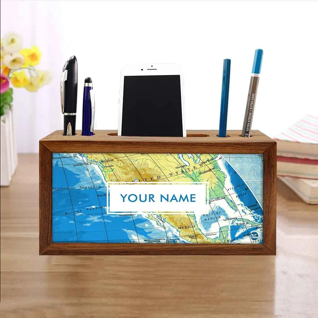 Custom-Made Small Wooden desk organizer - Atlas Map