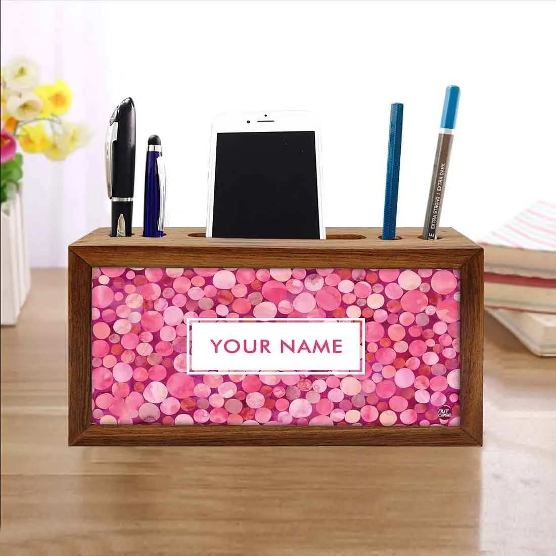 Custom-Made Wooden stationery organizer - Polka Dots Pink