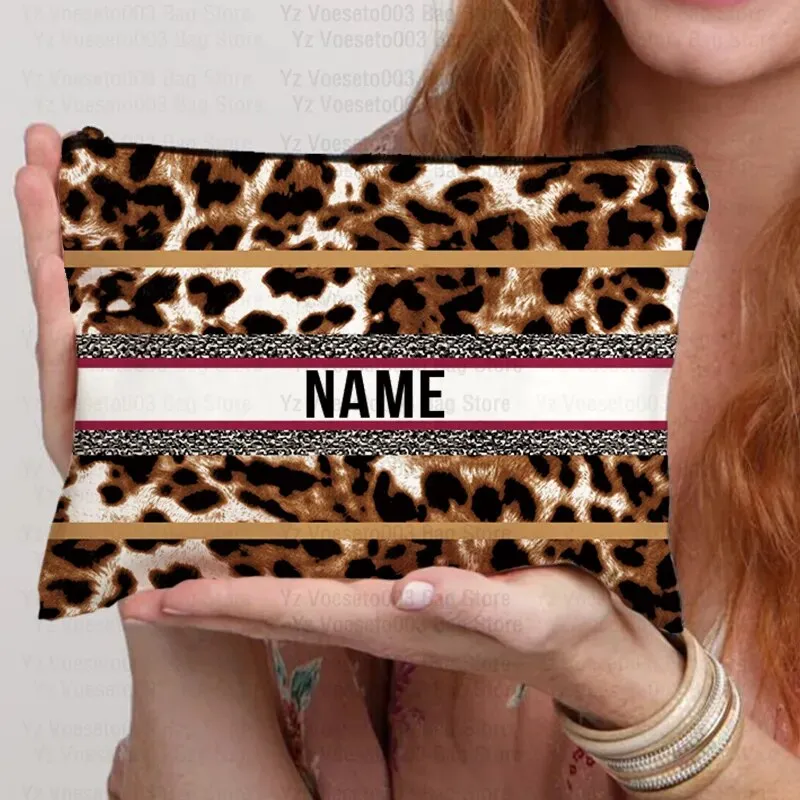Custom Name Personalized Bag Women Canvas Cosmetic Makeup Bags Travel Toiletry Pouch School Pencil Case Supplies Teacher Gift