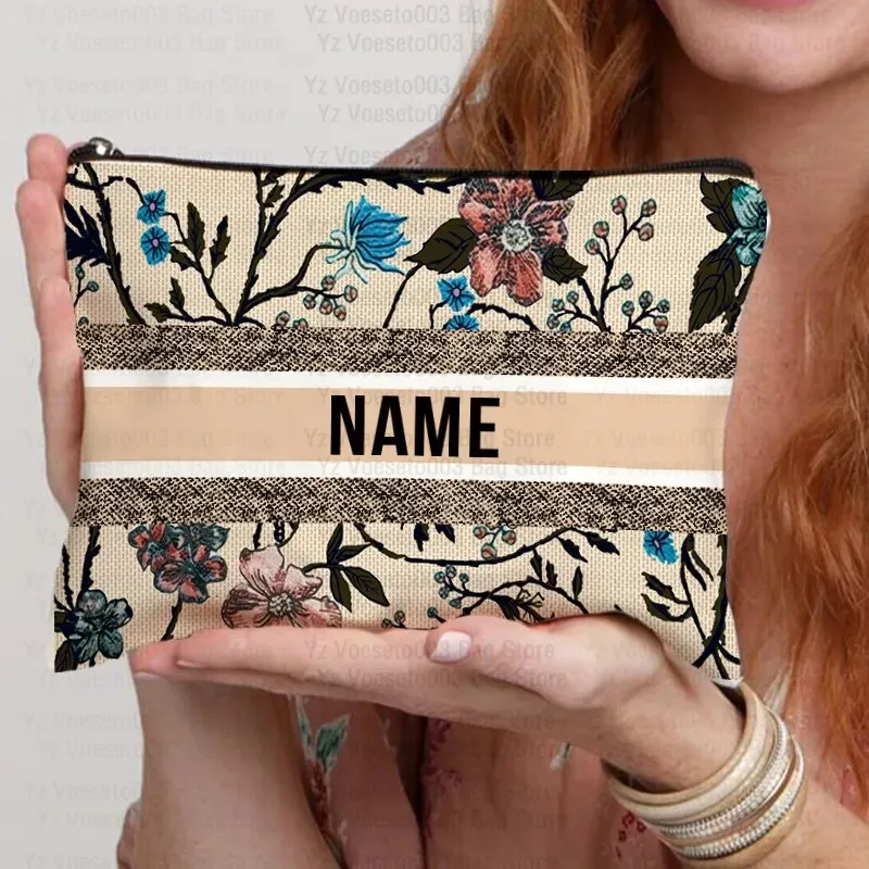 Custom Name Personalized Bag Women Canvas Cosmetic Makeup Bags Travel Toiletry Pouch School Pencil Case Supplies Teacher Gift