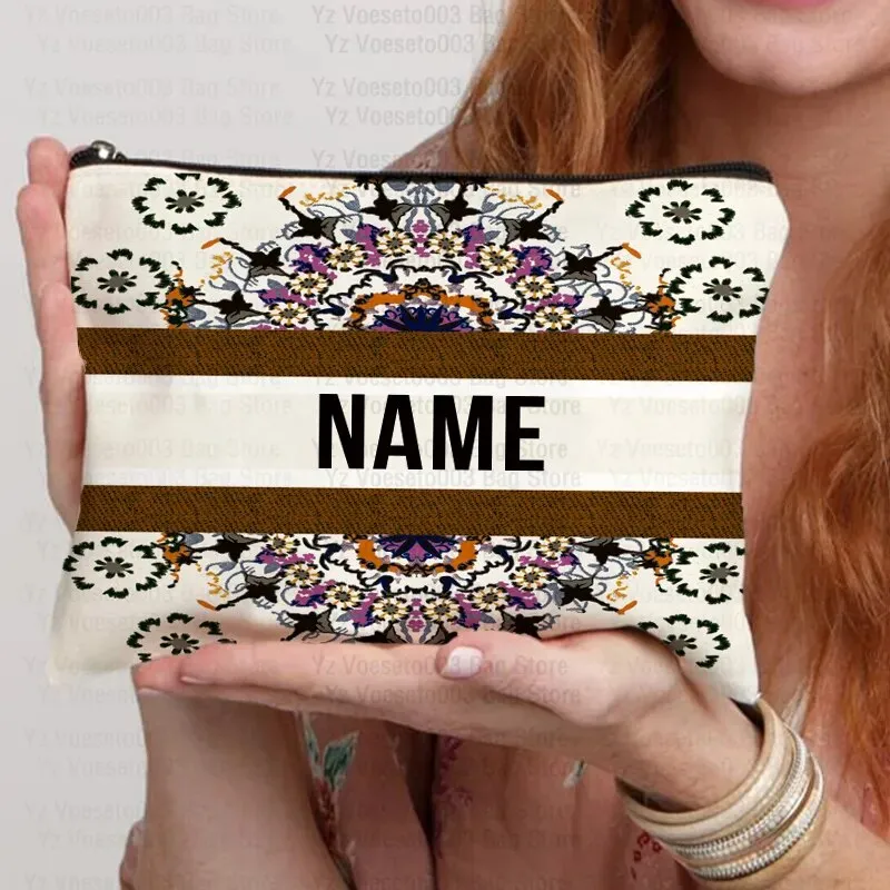 Custom Name Personalized Bag Women Canvas Cosmetic Makeup Bags Travel Toiletry Pouch School Pencil Case Supplies Teacher Gift