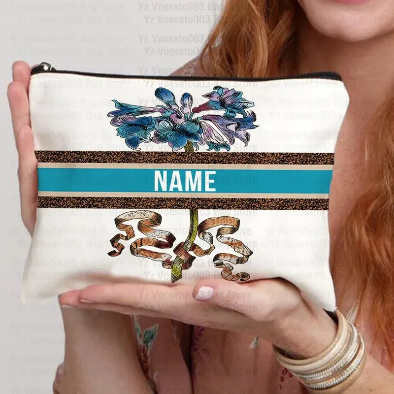 Custom Name Personalized Bag Women Canvas Cosmetic Makeup Bags Travel Toiletry Pouch School Pencil Case Supplies Teacher Gift