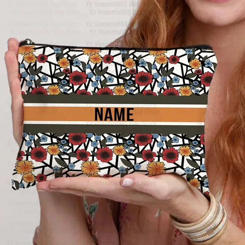 Custom Name Personalized Bag Women Canvas Cosmetic Makeup Bags Travel Toiletry Pouch School Pencil Case Supplies Teacher Gift