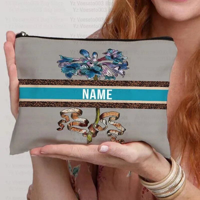 Custom Name Personalized Bag Women Canvas Cosmetic Makeup Bags Travel Toiletry Pouch School Pencil Case Supplies Teacher Gift