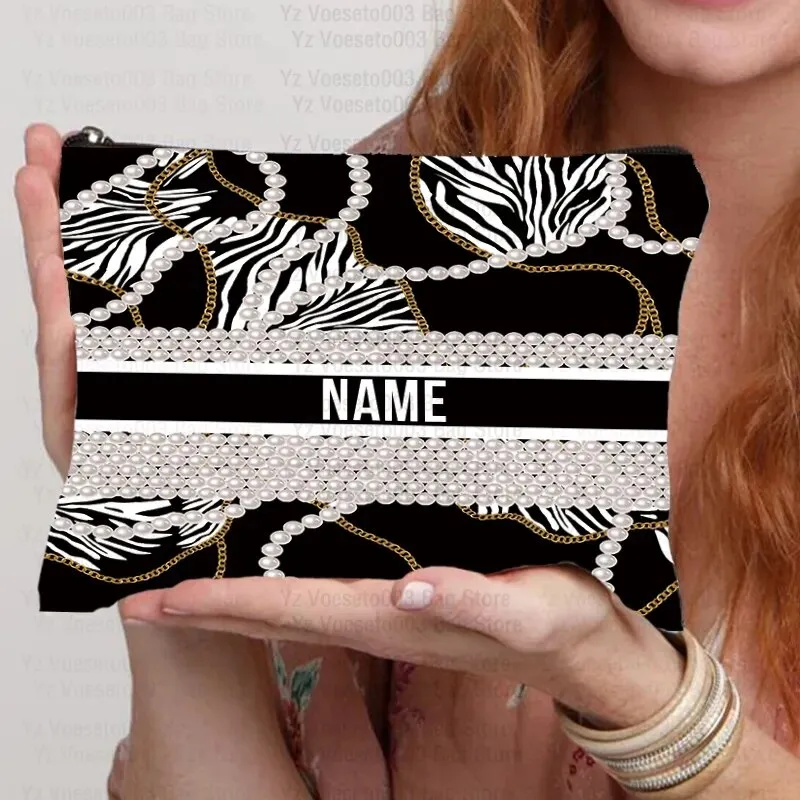 Custom Name Personalized Bag Women Canvas Cosmetic Makeup Bags Travel Toiletry Pouch School Pencil Case Supplies Teacher Gift