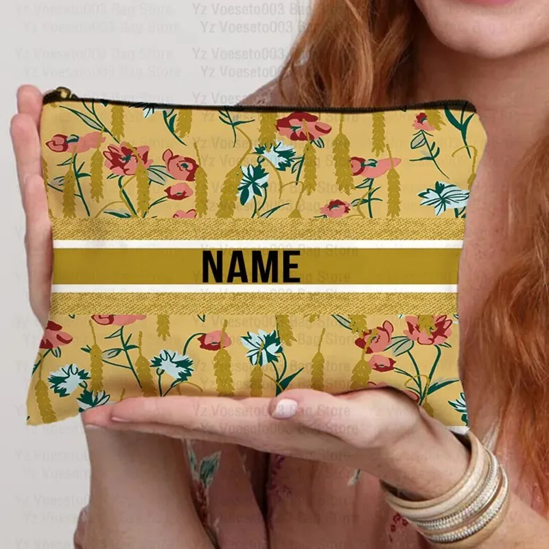 Custom Name Personalized Bag Women Canvas Cosmetic Makeup Bags Travel Toiletry Pouch School Pencil Case Supplies Teacher Gift
