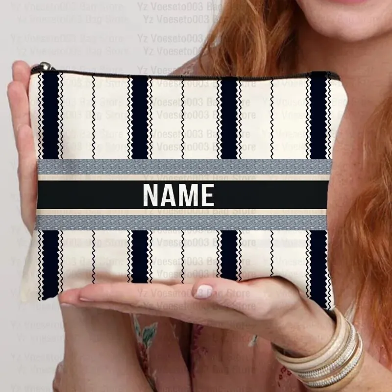 Custom Name Personalized Bag Women Canvas Cosmetic Makeup Bags Travel Toiletry Pouch School Pencil Case Supplies Teacher Gift