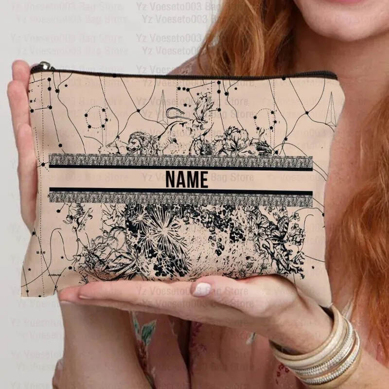 Custom Name Personalized Bag Women Canvas Cosmetic Makeup Bags Travel Toiletry Pouch School Pencil Case Supplies Teacher Gift