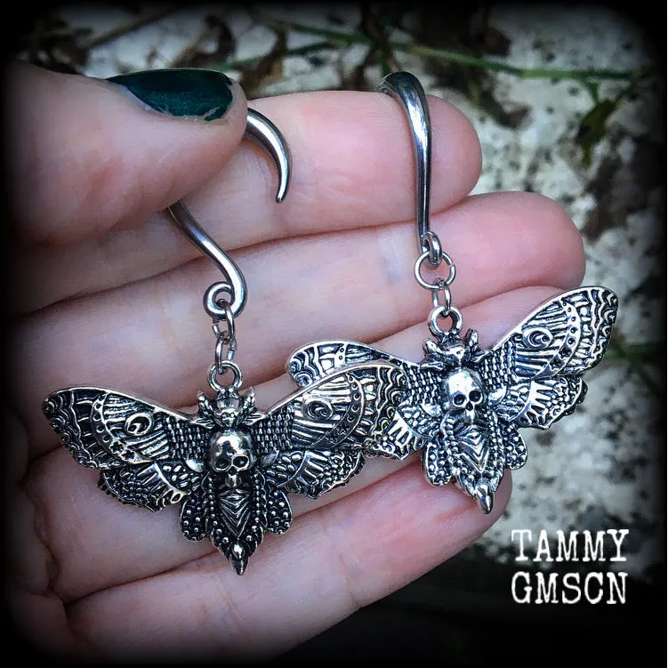 Deathshead moth gauged earrings-Dreadpunk moth ear hangers