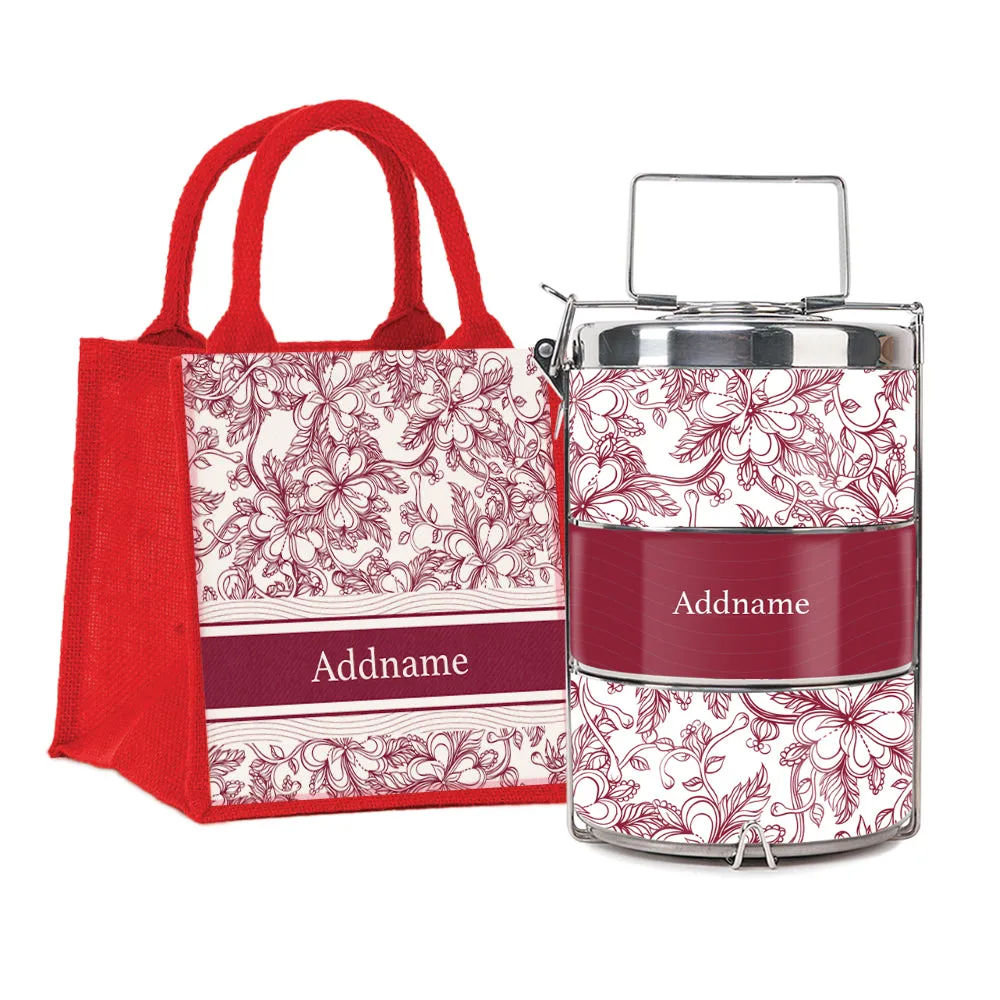 Floral Artline Series 3-Tier Premium Medium 13.5cm Tiffin Carrier [FREE Custom Add Name]