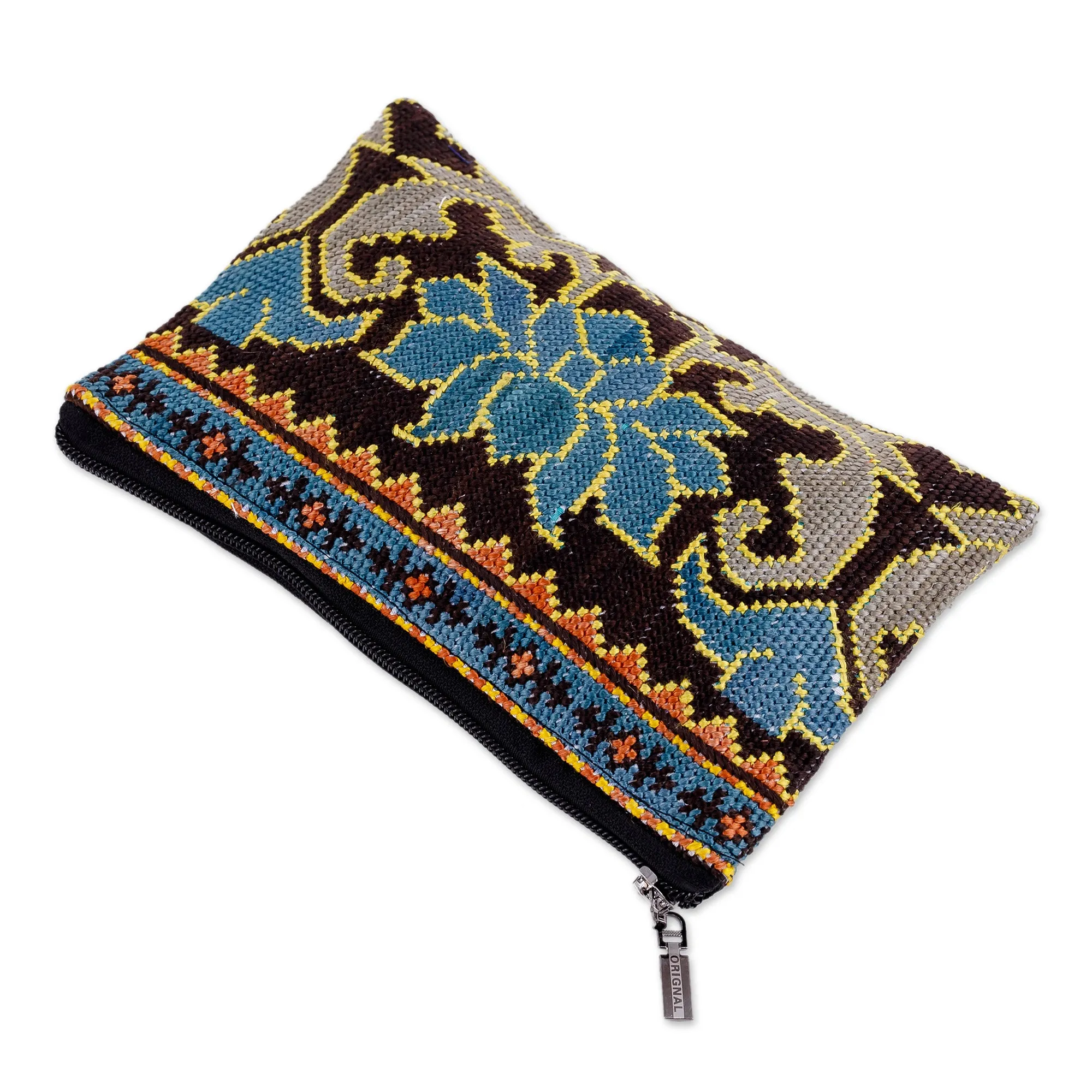 Floral Iroki Embroidered Silk Cosmetic Bag in Blue and Brown - Serene Oasis | NOVICA