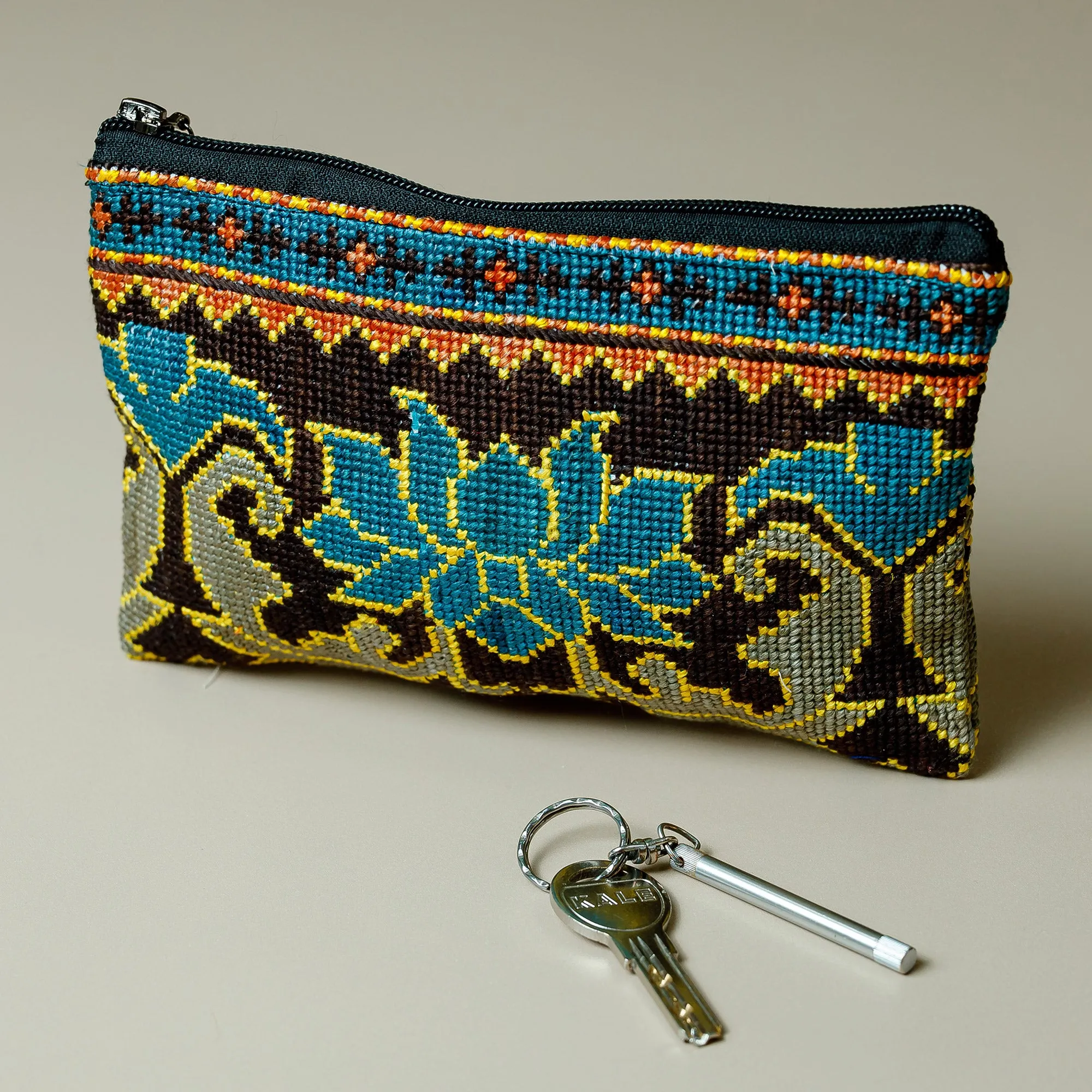 Floral Iroki Embroidered Silk Cosmetic Bag in Blue and Brown - Serene Oasis | NOVICA