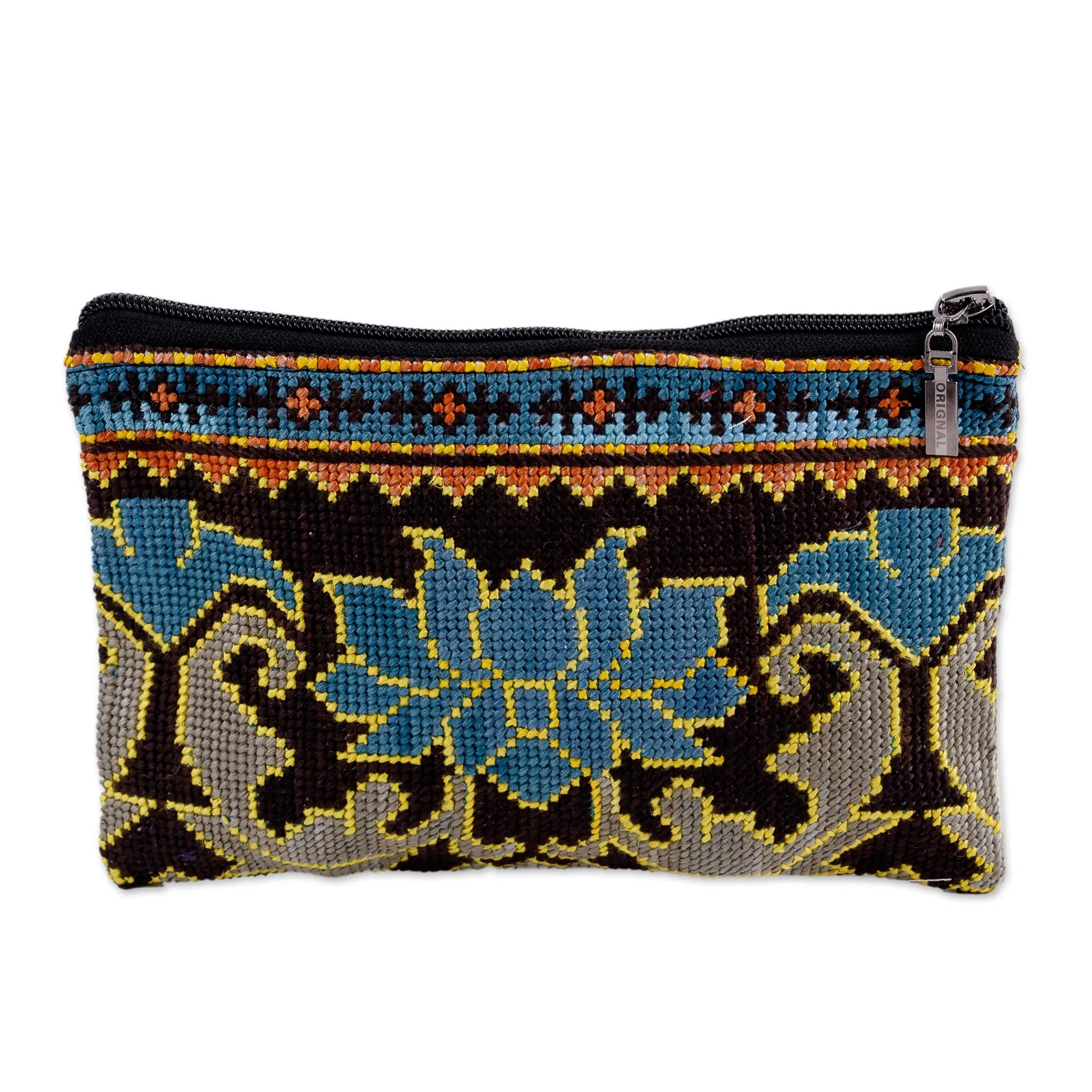 Floral Iroki Embroidered Silk Cosmetic Bag in Blue and Brown - Serene Oasis | NOVICA